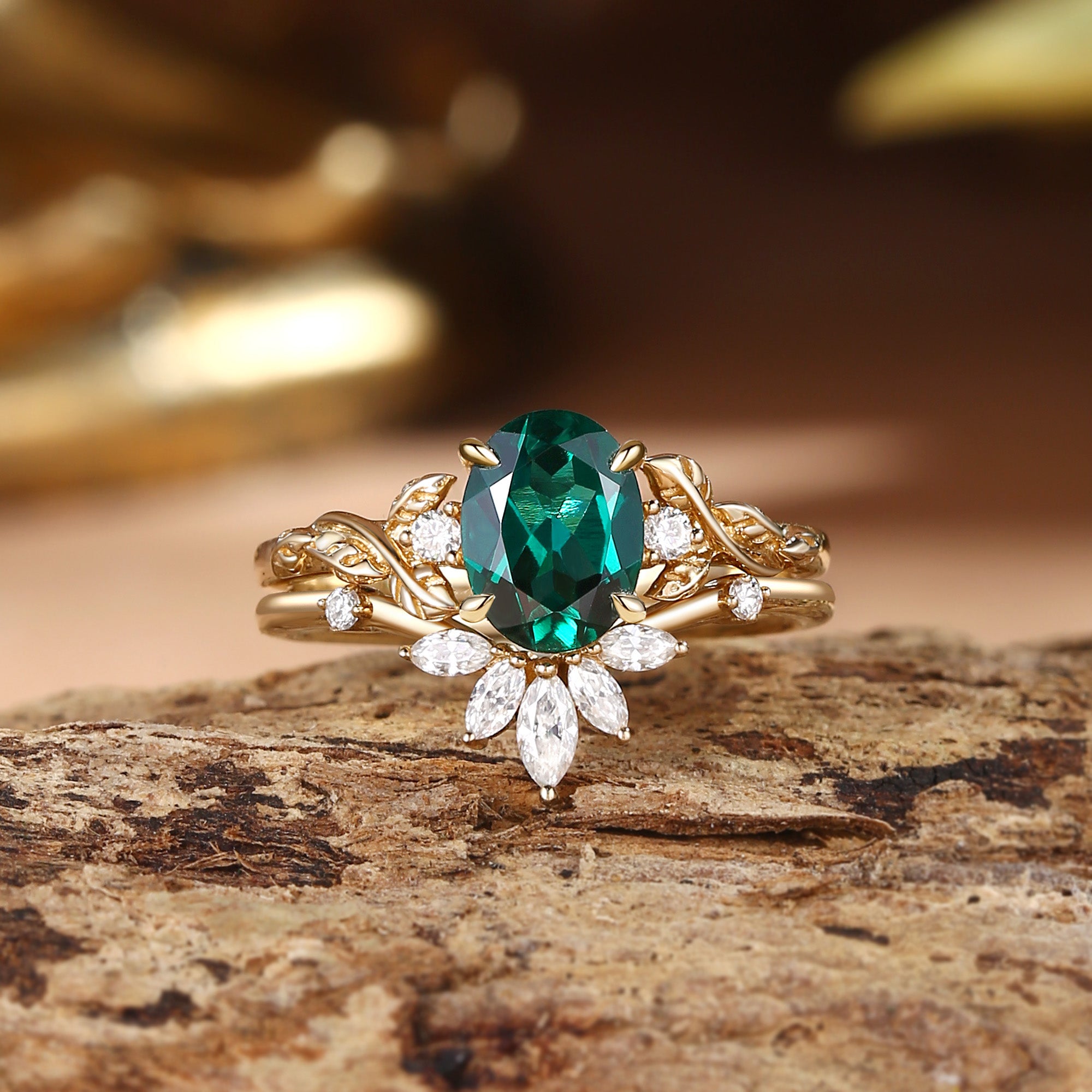 Eden - Lab Emerald Vine Inspired Leafy Bridal Set 2pcs