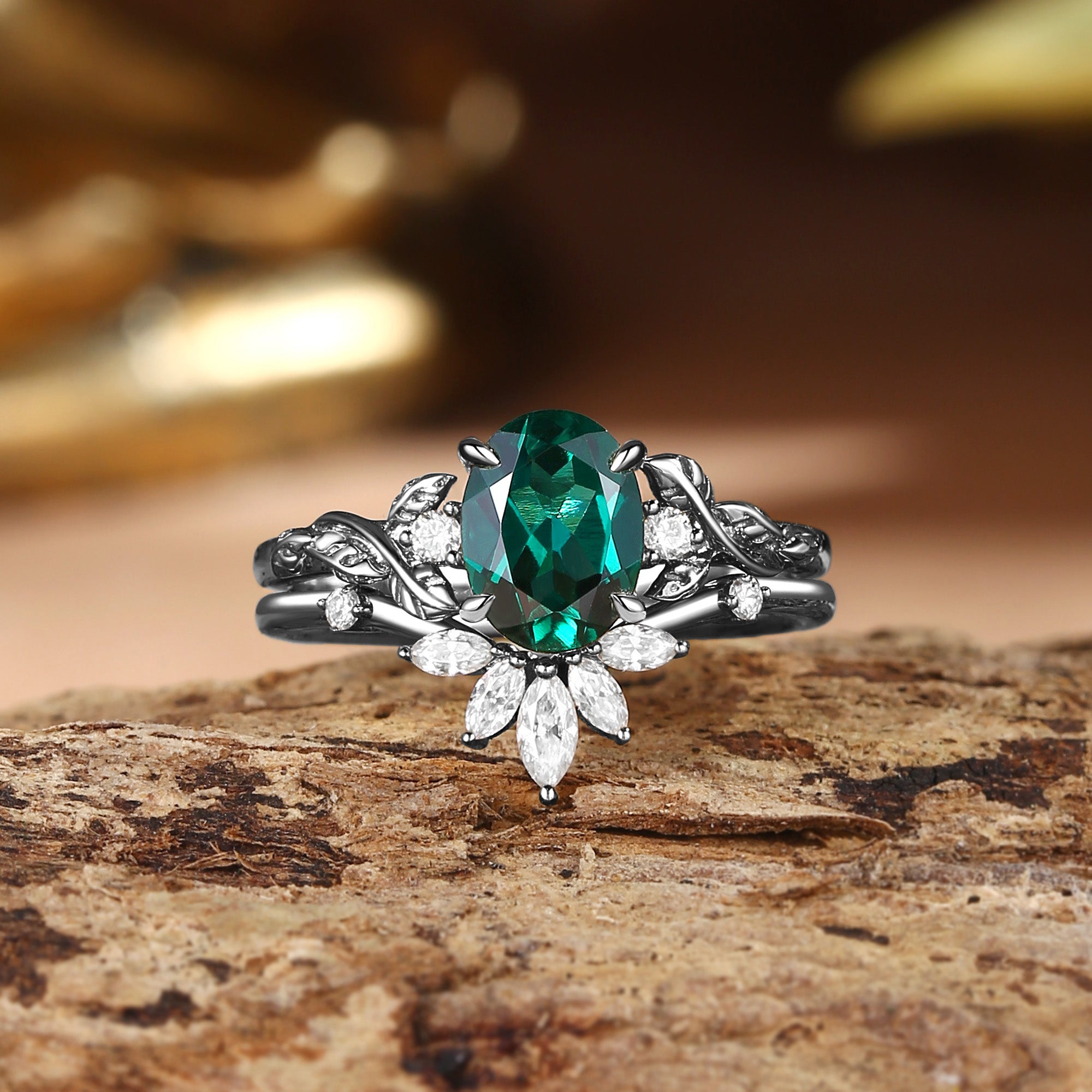 Eden - Lab Emerald Vine Inspired Leafy Bridal Set 2pcs