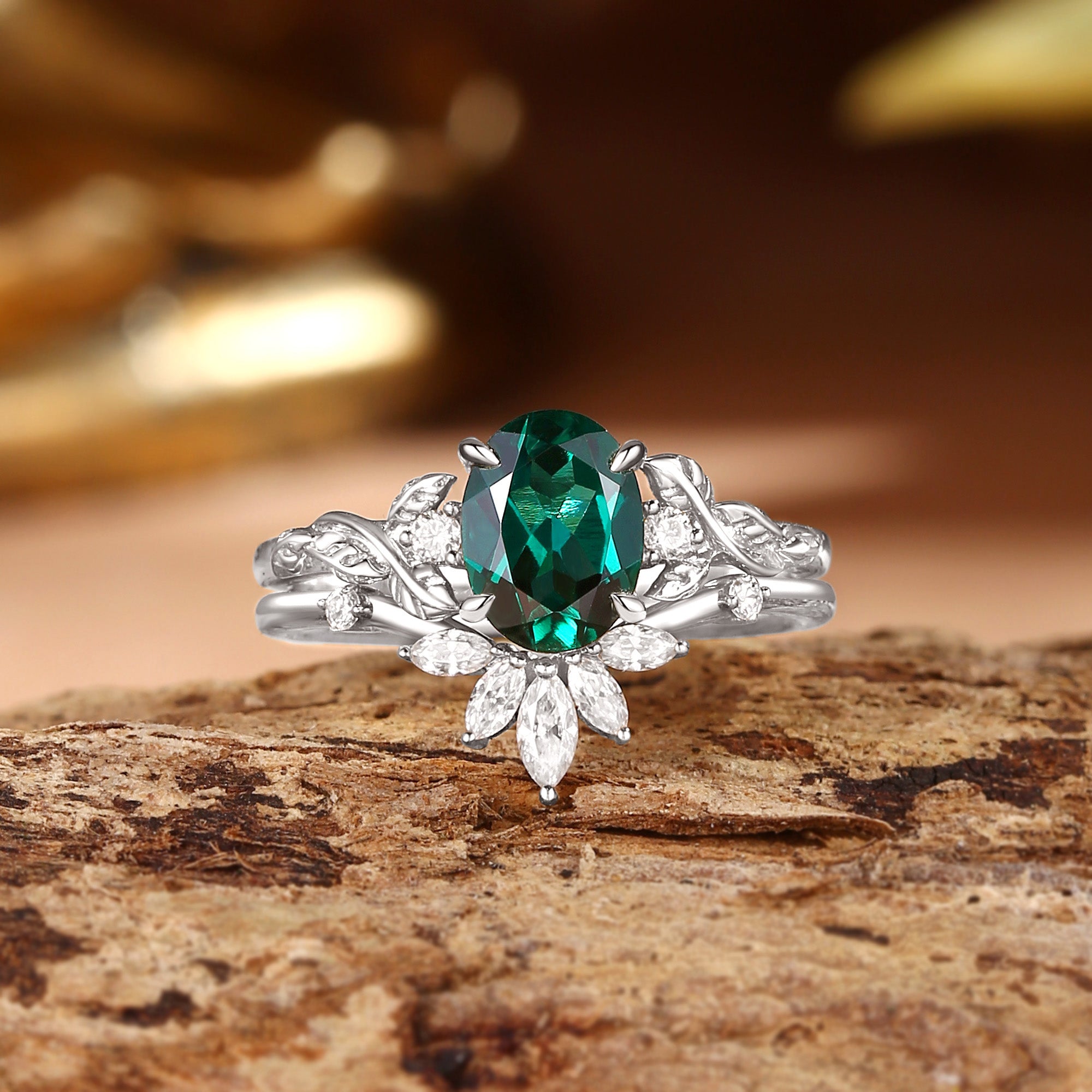 Eden - Lab Emerald Vine Inspired Leafy Bridal Set 2pcs