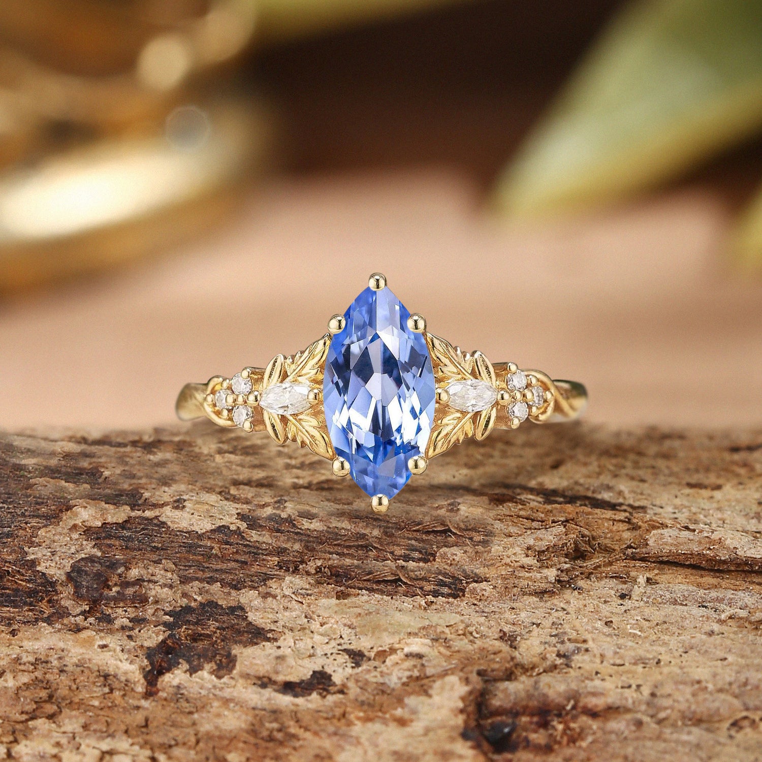 Fauna - Nature Inspired Marquise Cornflower Sapphire Leafy Engagement Ring
