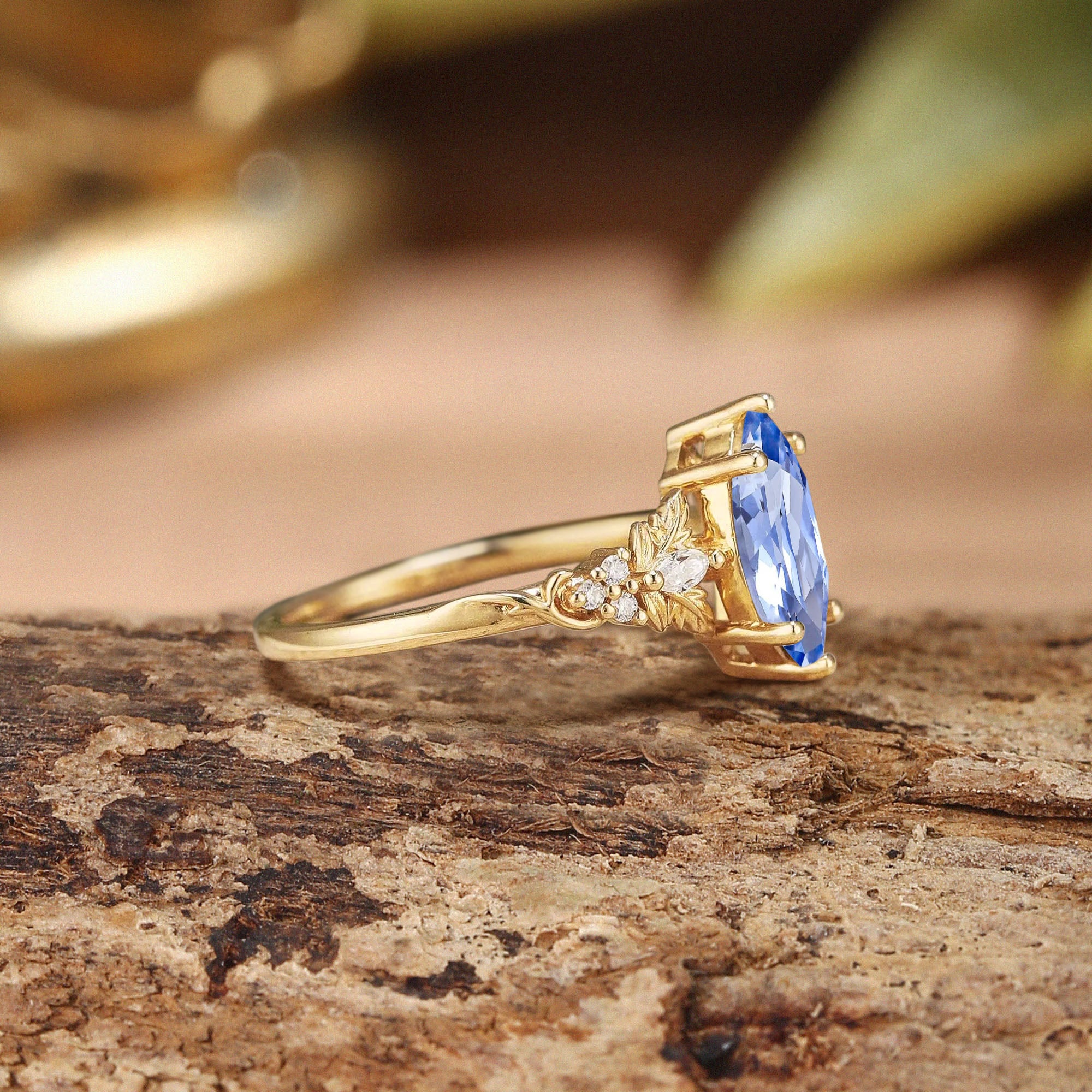 Fauna - Nature Inspired Marquise Cornflower Sapphire Leafy Engagement Ring