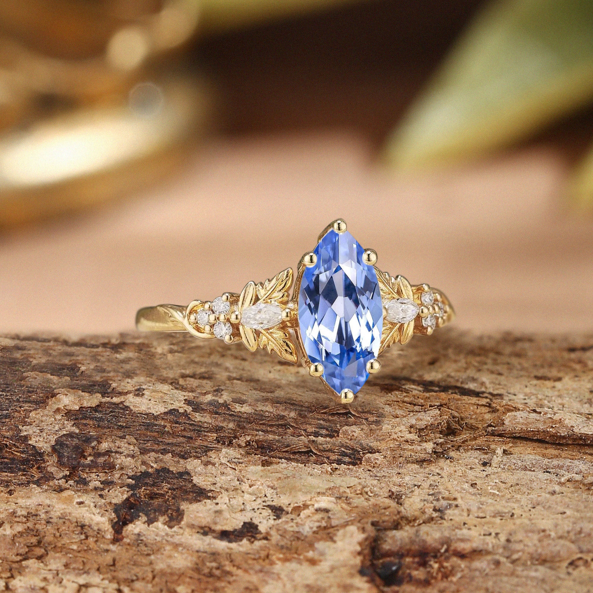 Fauna - Nature Inspired Marquise Cornflower Sapphire Leafy Engagement Ring