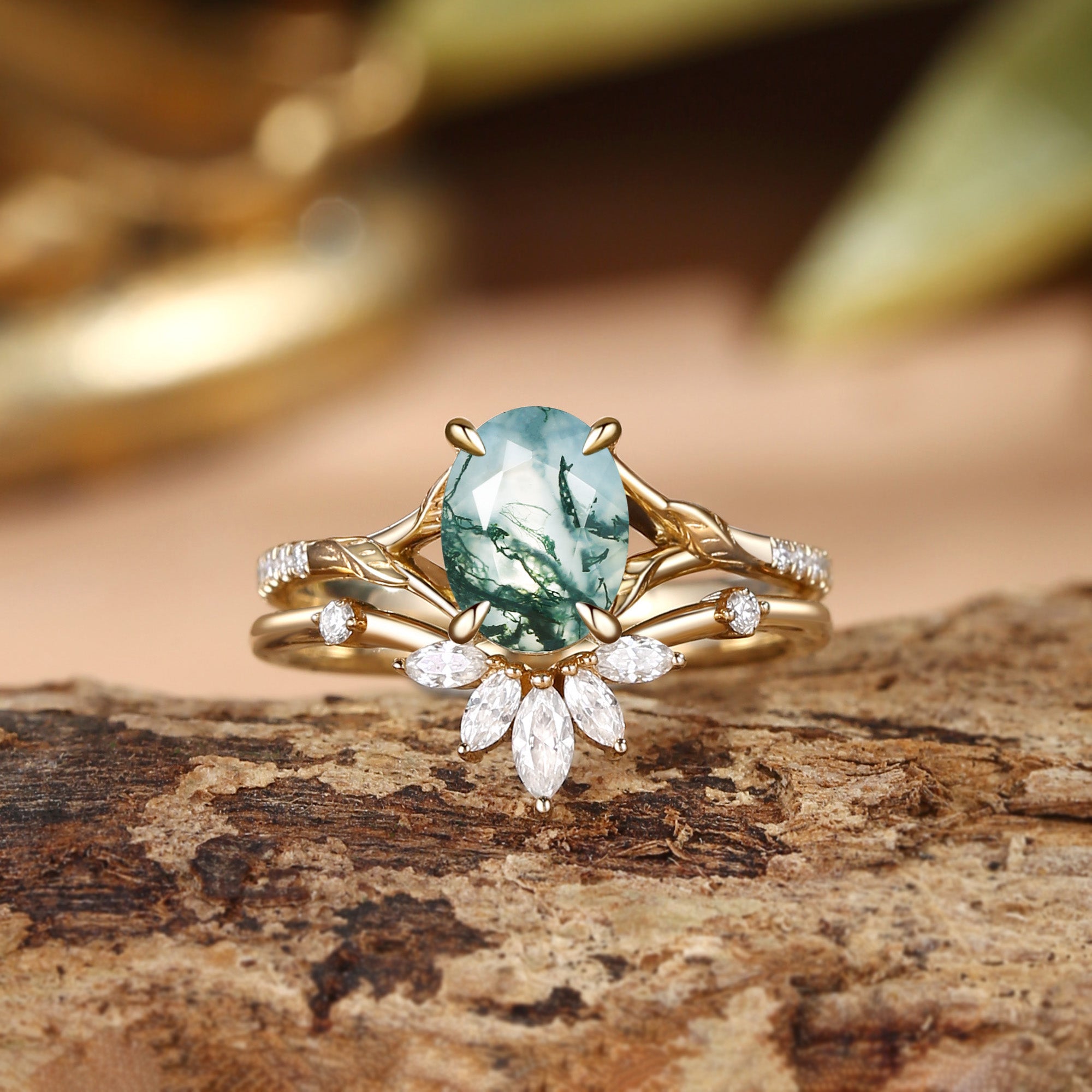 Dahlia - Oval Cut Moss Agate Leafy Cluster Bridal Set 2pcs