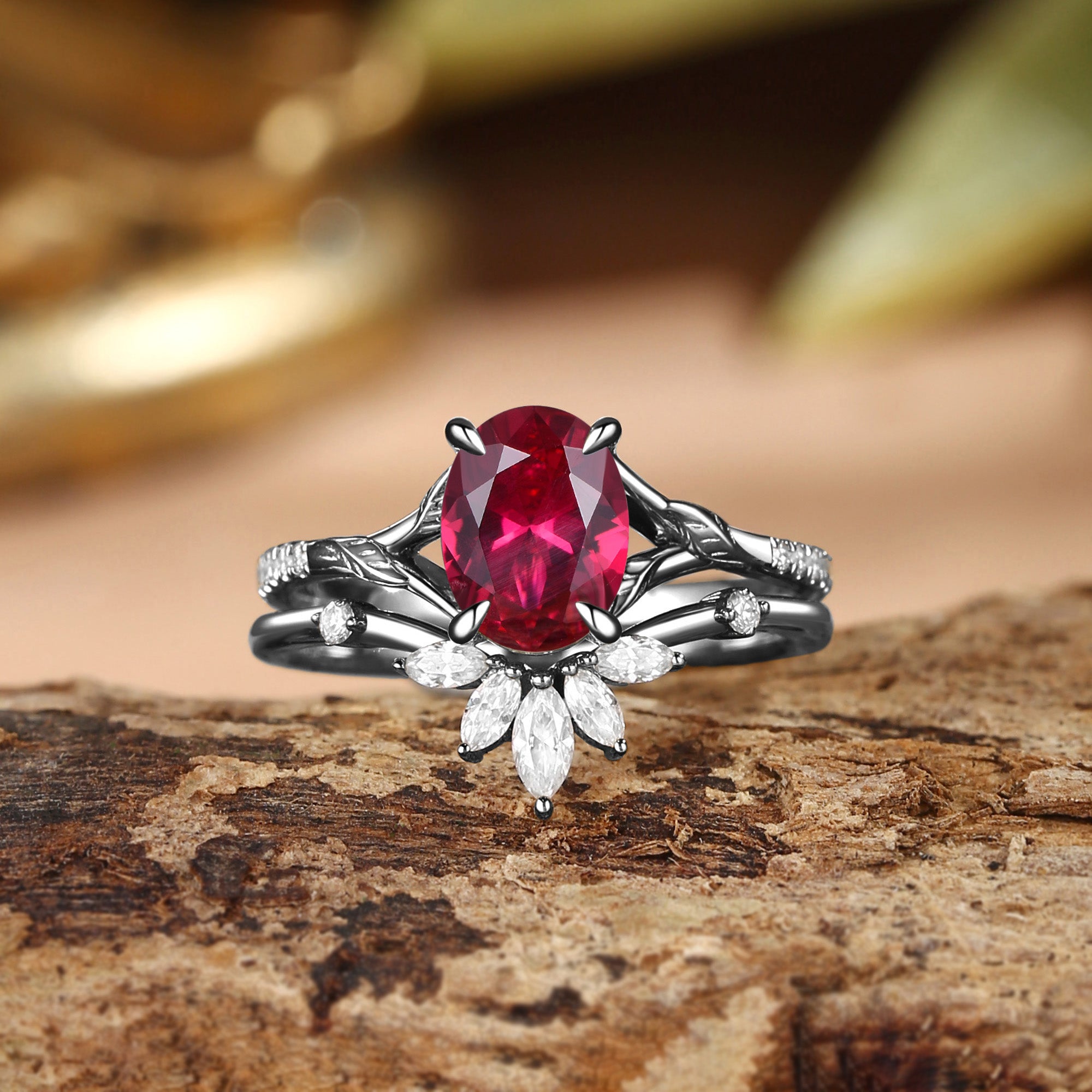 Dahlia - Oval Cut Ruby Leaf Cluster Bridal Set 2pcs