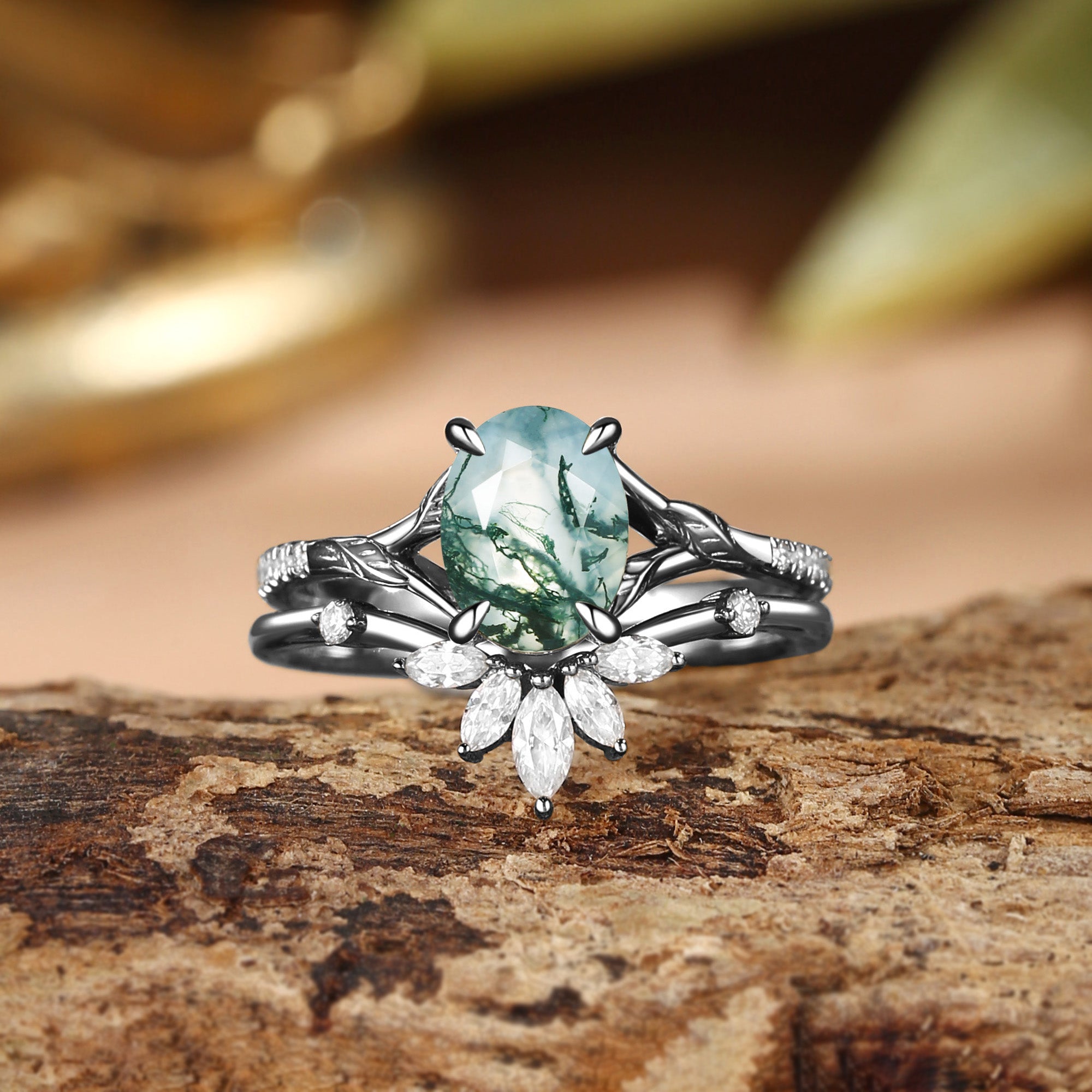 Dahlia - Oval Cut Moss Agate Leafy Cluster Bridal Set 2pcs