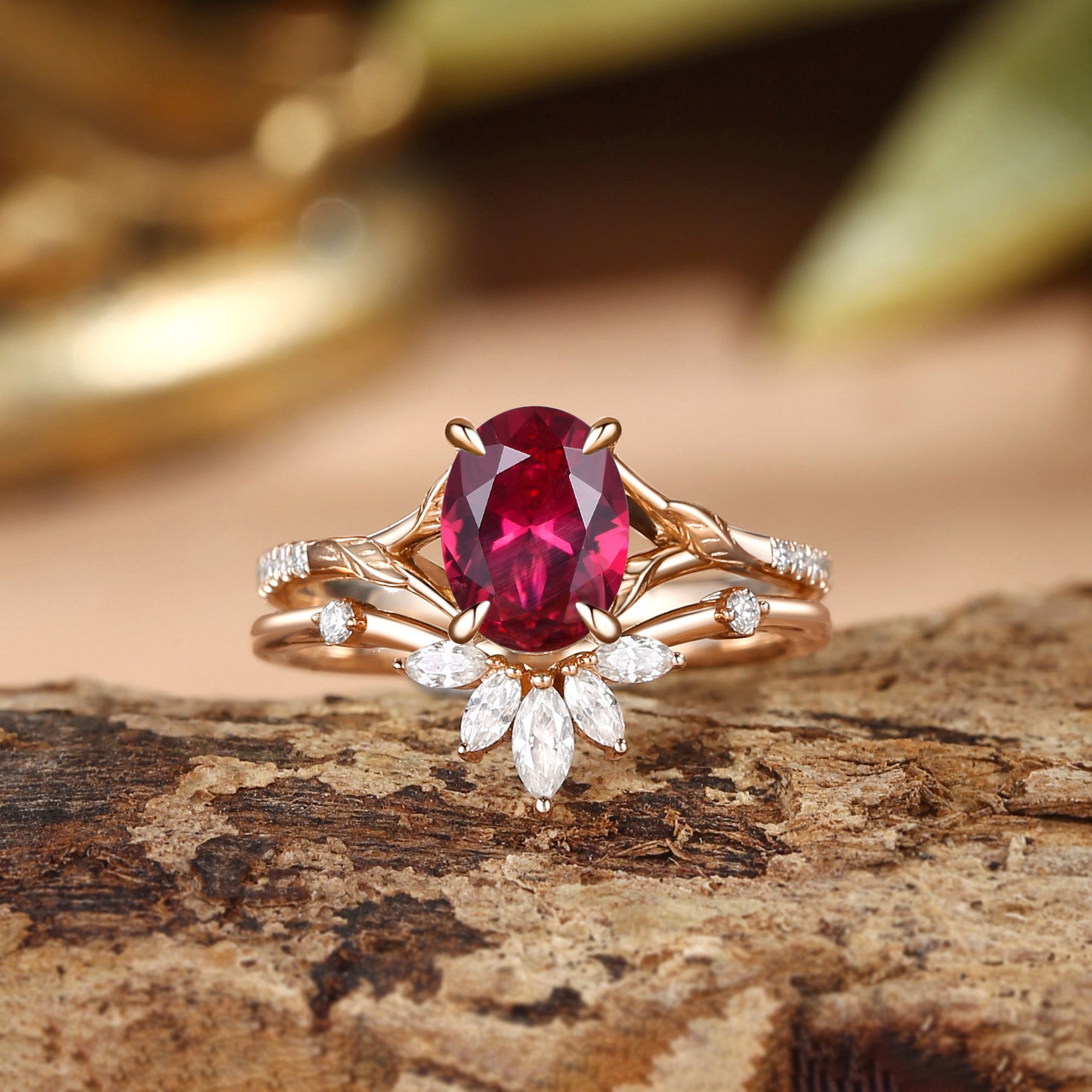 Dahlia - Oval Cut Ruby Leaf Cluster Bridal Set 2pcs