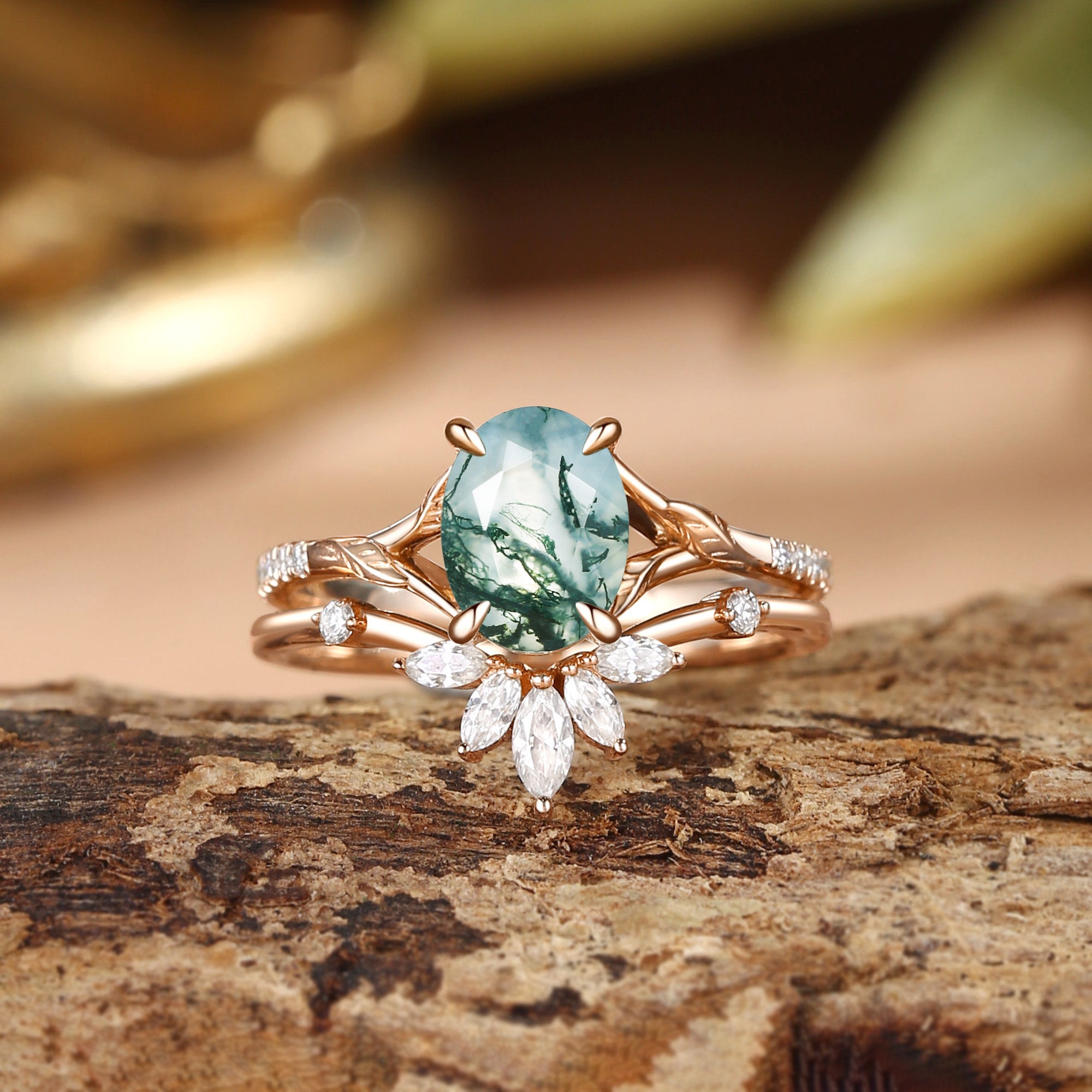 Dahlia - Oval Cut Moss Agate Leafy Cluster Bridal Set 2pcs