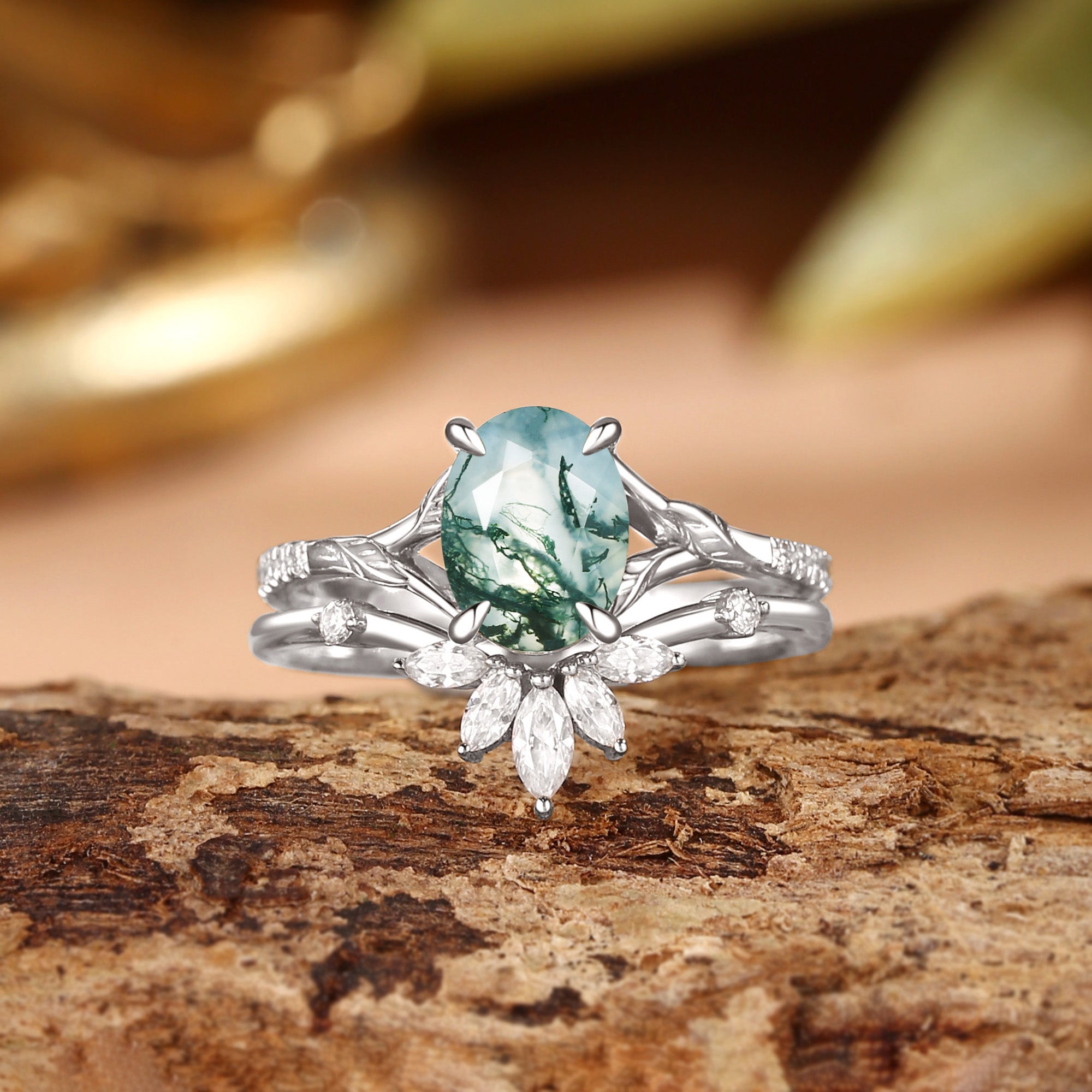 Dahlia - Oval Cut Moss Agate Leafy Cluster Bridal Set 2pcs