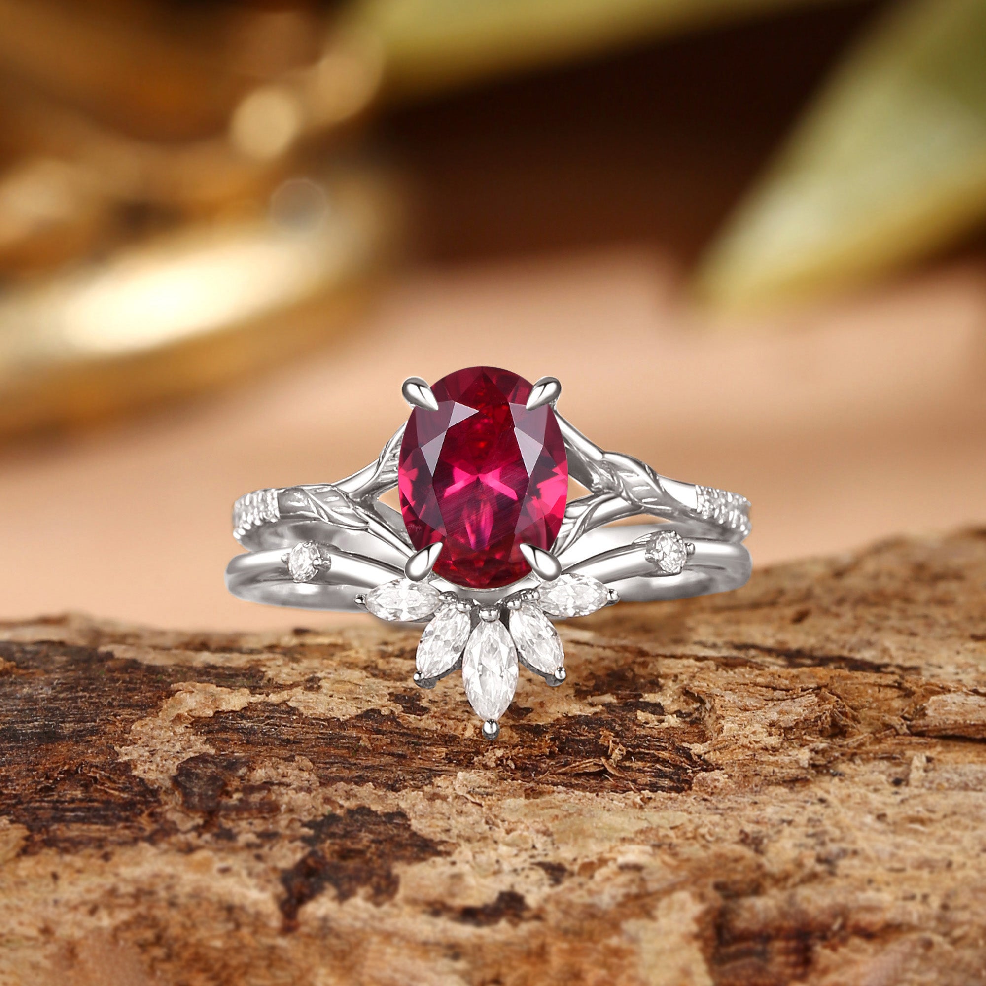 Dahlia - Oval Cut Ruby Leaf Cluster Bridal Set 2pcs