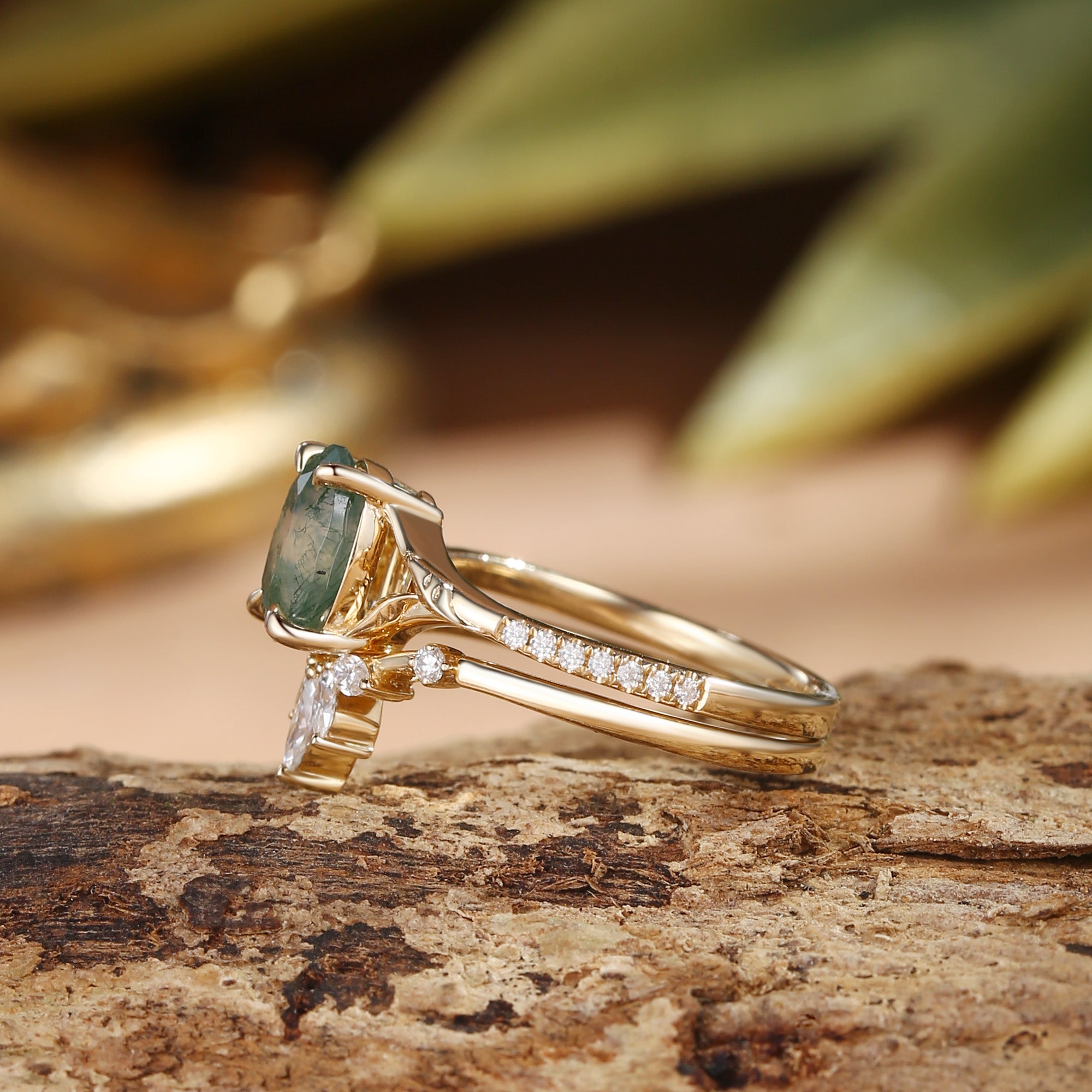 Dahlia - Oval Cut Moss Agate Leafy Cluster Bridal Set 2pcs