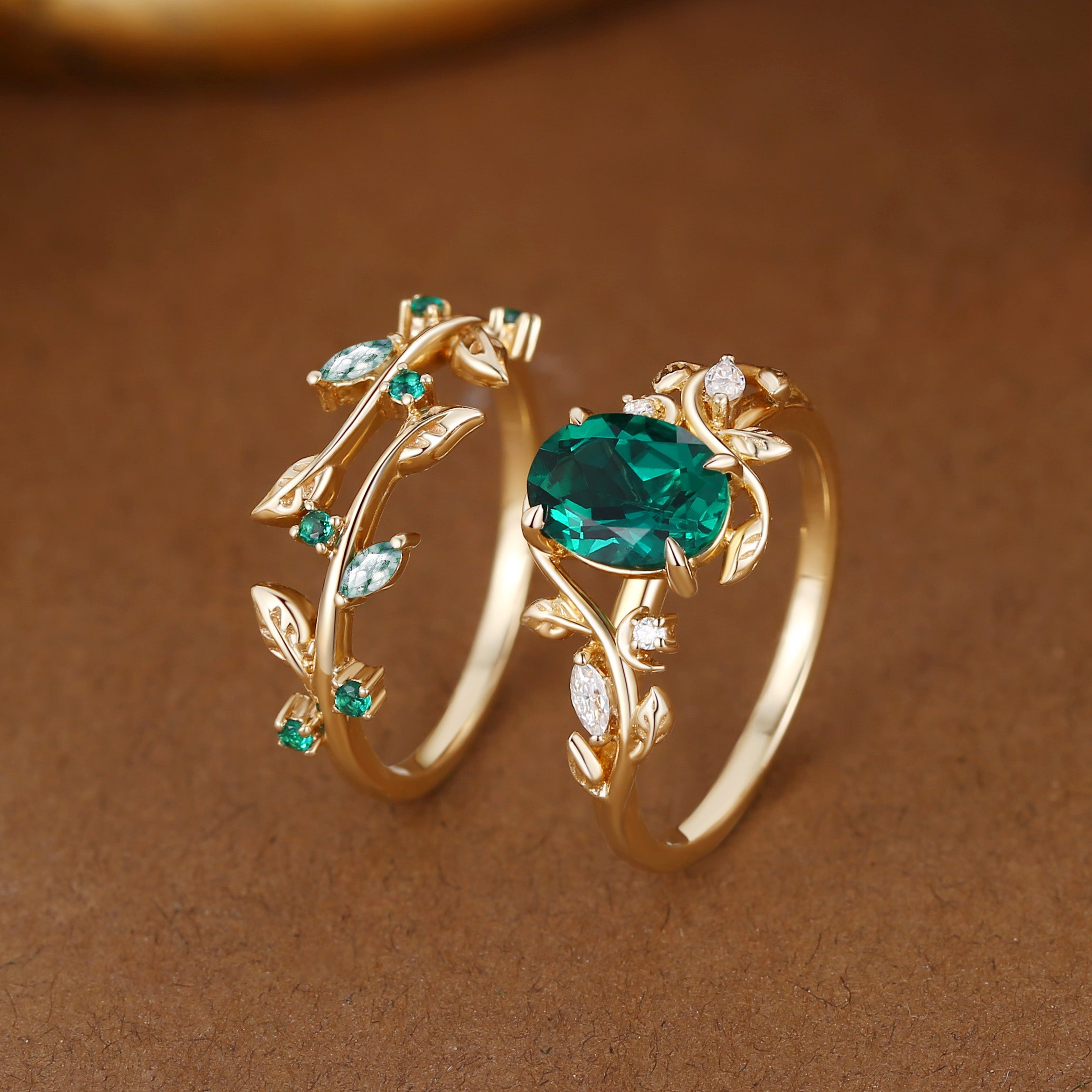 Désirée - Oval Cut Lab Emerald Branch Leafy Engagement Ring Set 2pcs