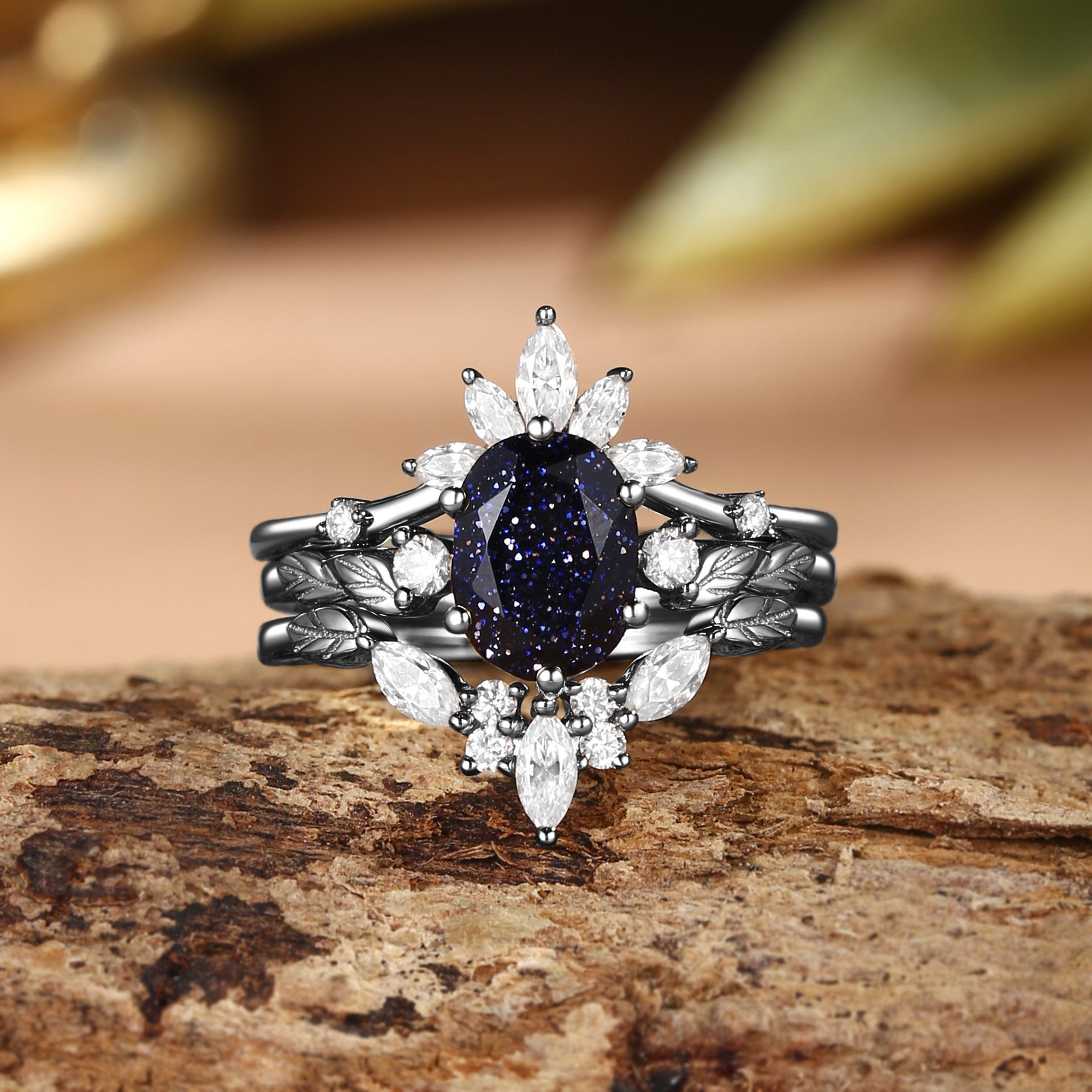 Elodie - Oval Cut Blue Sandstone Leafy Cluster Engagement Ring Set 3pcs