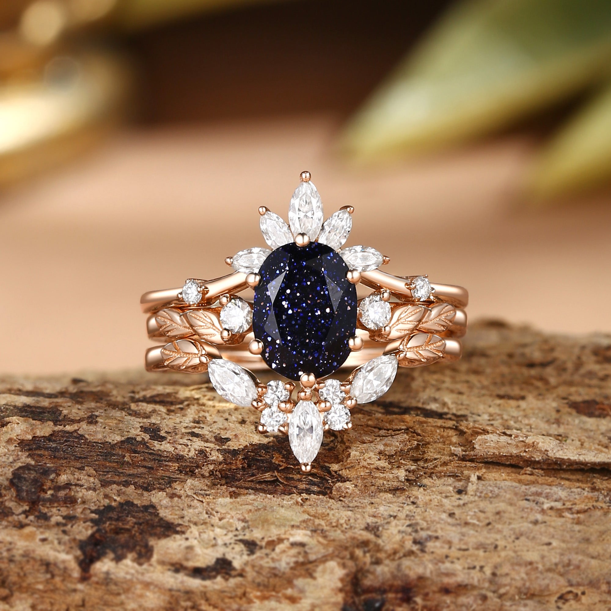 Elodie - Oval Cut Blue Sandstone Leafy Cluster Engagement Ring Set 3pcs
