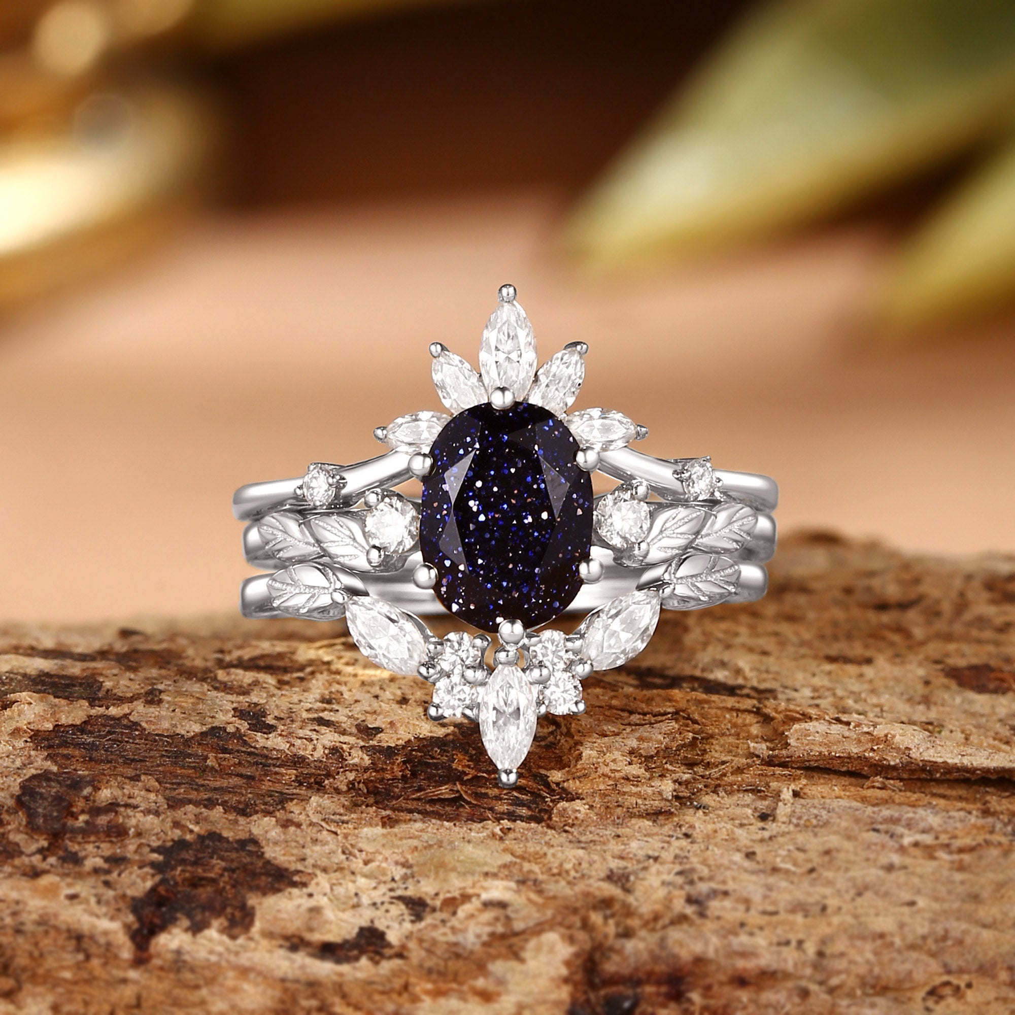 Elodie - Oval Cut Blue Sandstone Leafy Cluster Engagement Ring Set 3pcs