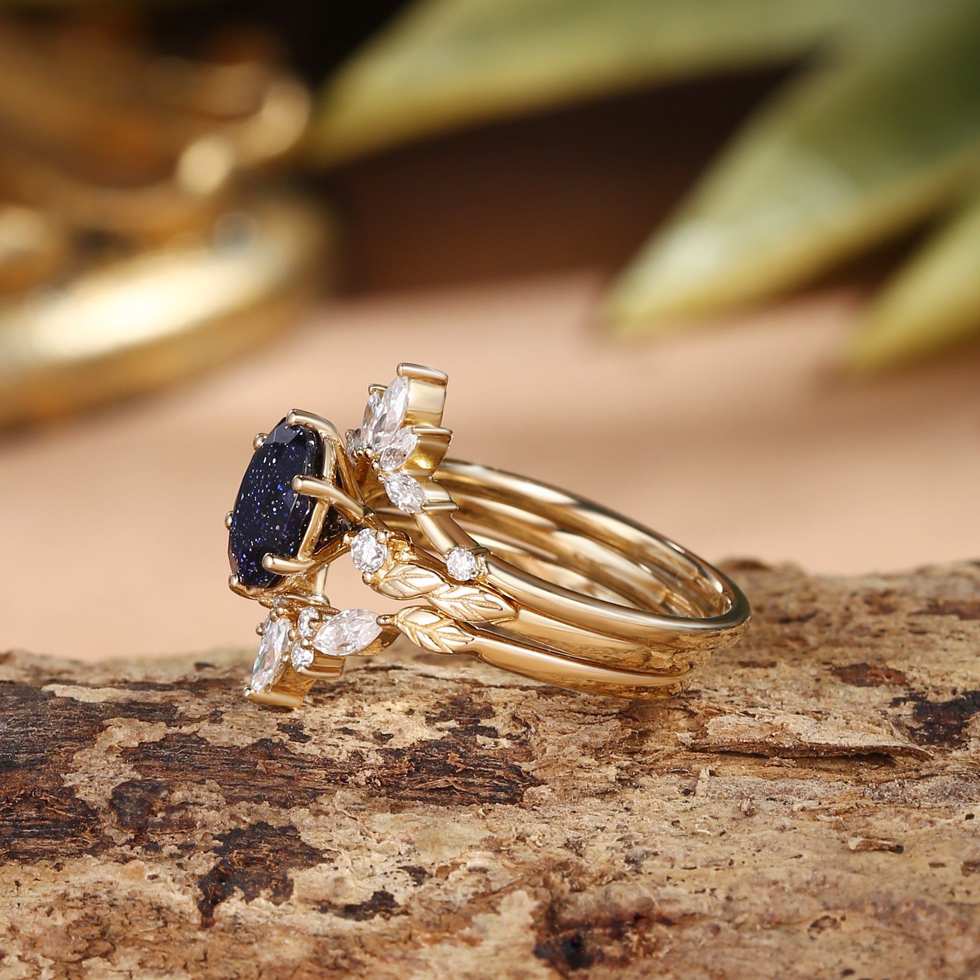 Elodie - Oval Cut Blue Sandstone Leafy Cluster Engagement Ring Set 3pcs