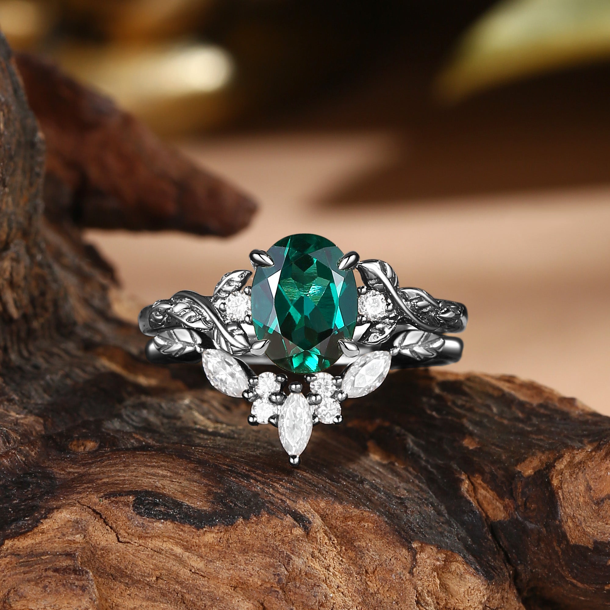 Eden - Oval Cut Lab Emerald Nature Inspired Bridal Set 2pcs