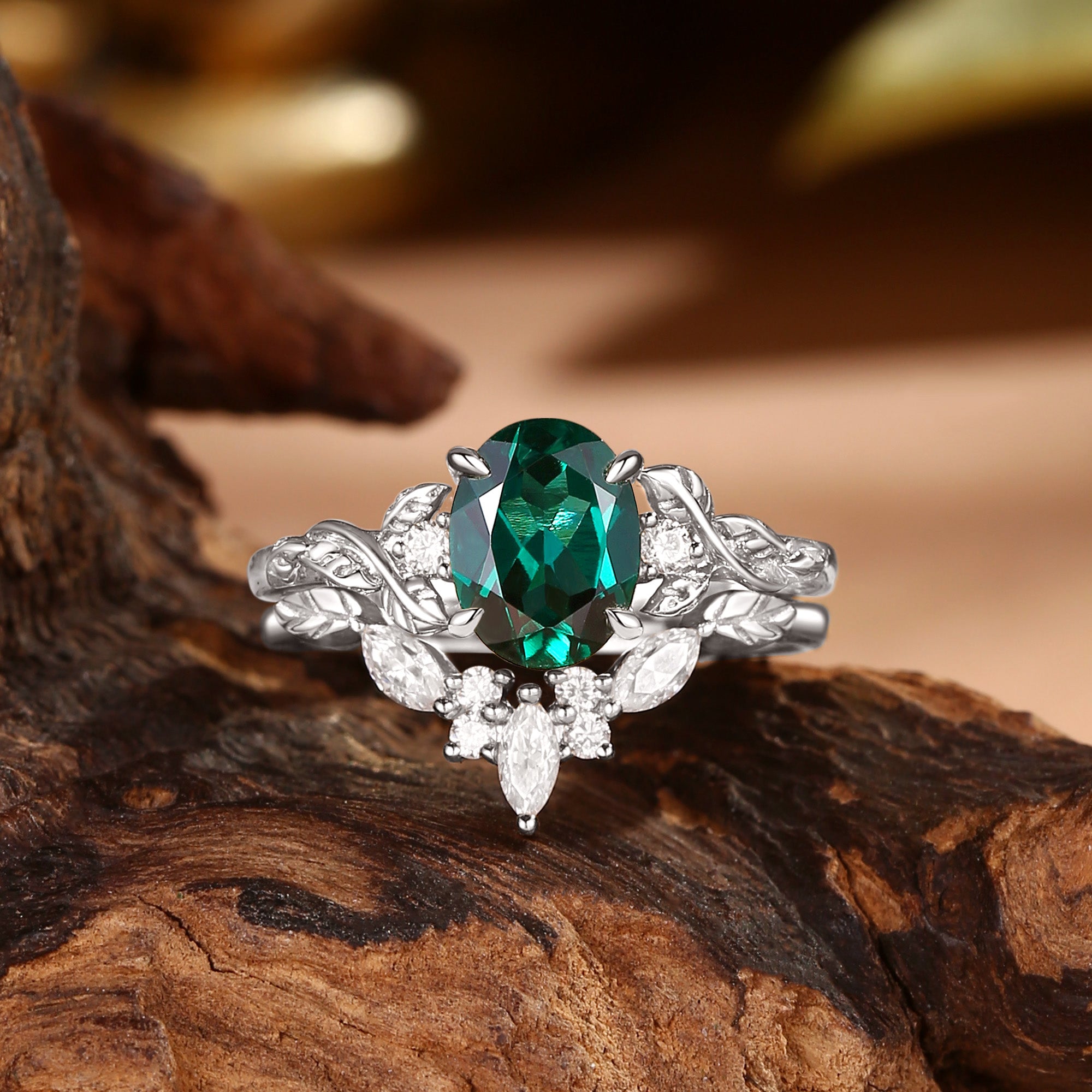 Eden - Oval Cut Lab Emerald Nature Inspired Bridal Set 2pcs