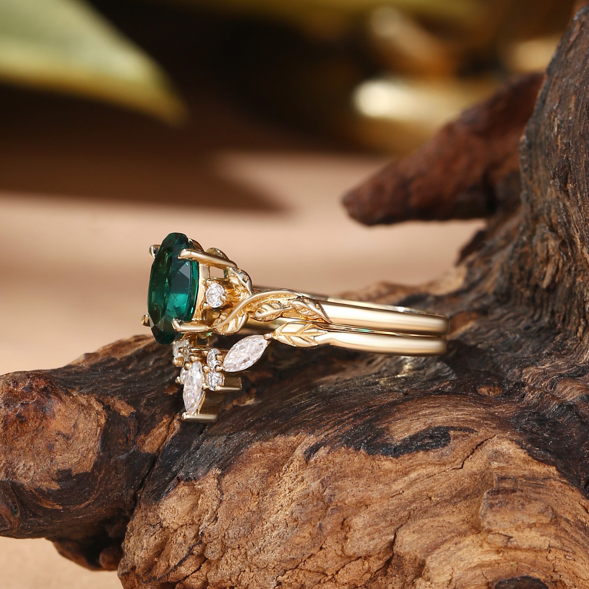 Eden - Oval Cut Lab Emerald Nature Inspired Bridal Set 2pcs