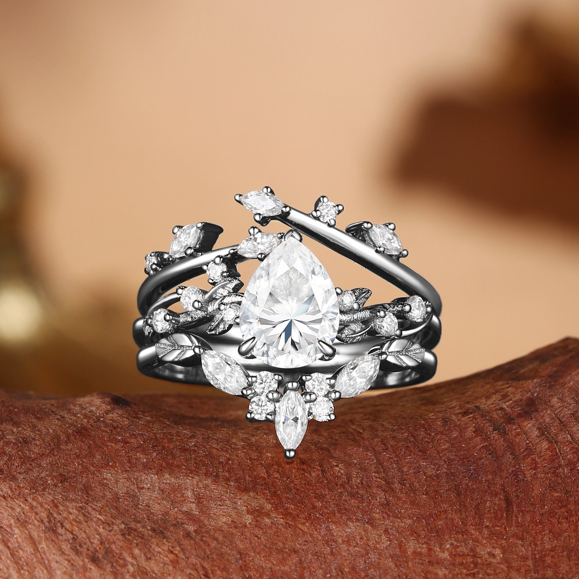 Clarissa - Pear Cut Moissanite Cluster Leafy Engagement Ring Set 3pcs