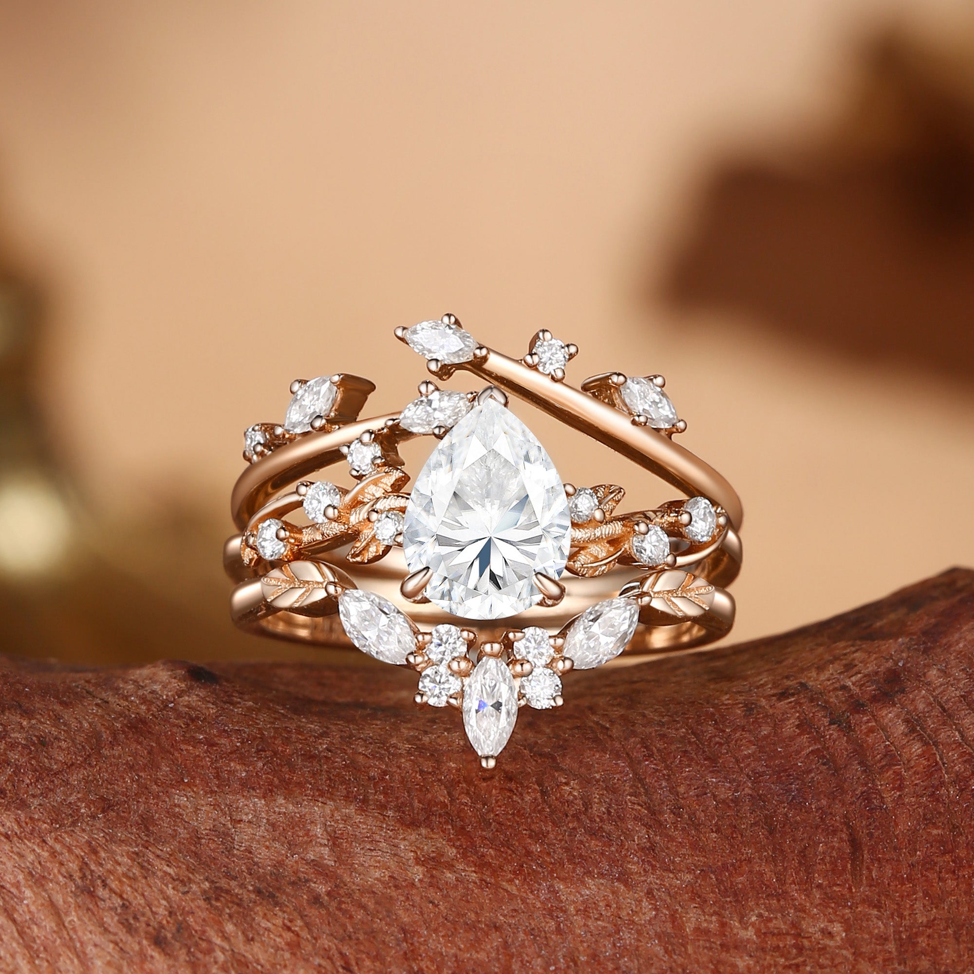 Clarissa - Pear Cut Moissanite Cluster Leafy Engagement Ring Set 3pcs