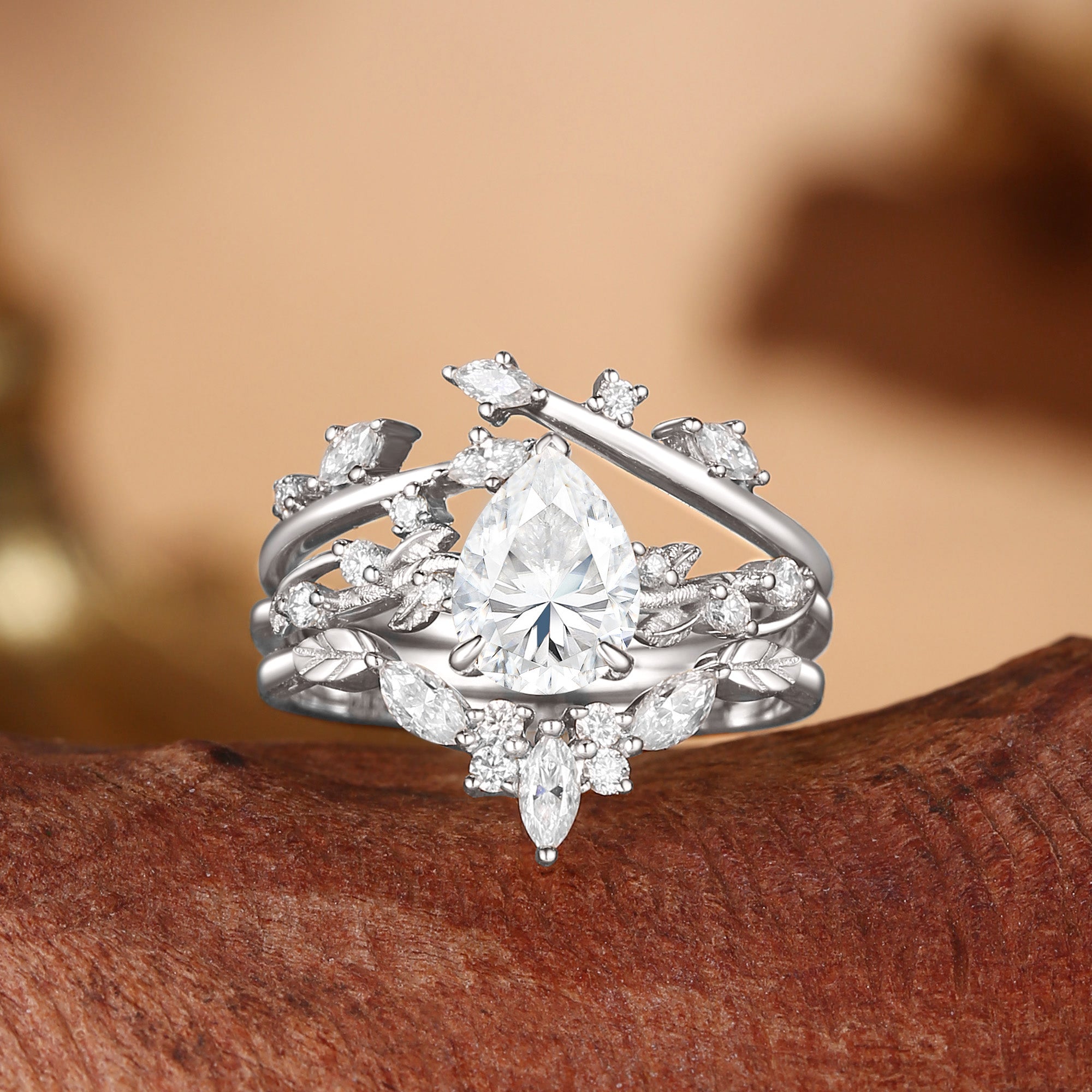 Clarissa - Pear Cut Moissanite Cluster Leafy Engagement Ring Set 3pcs