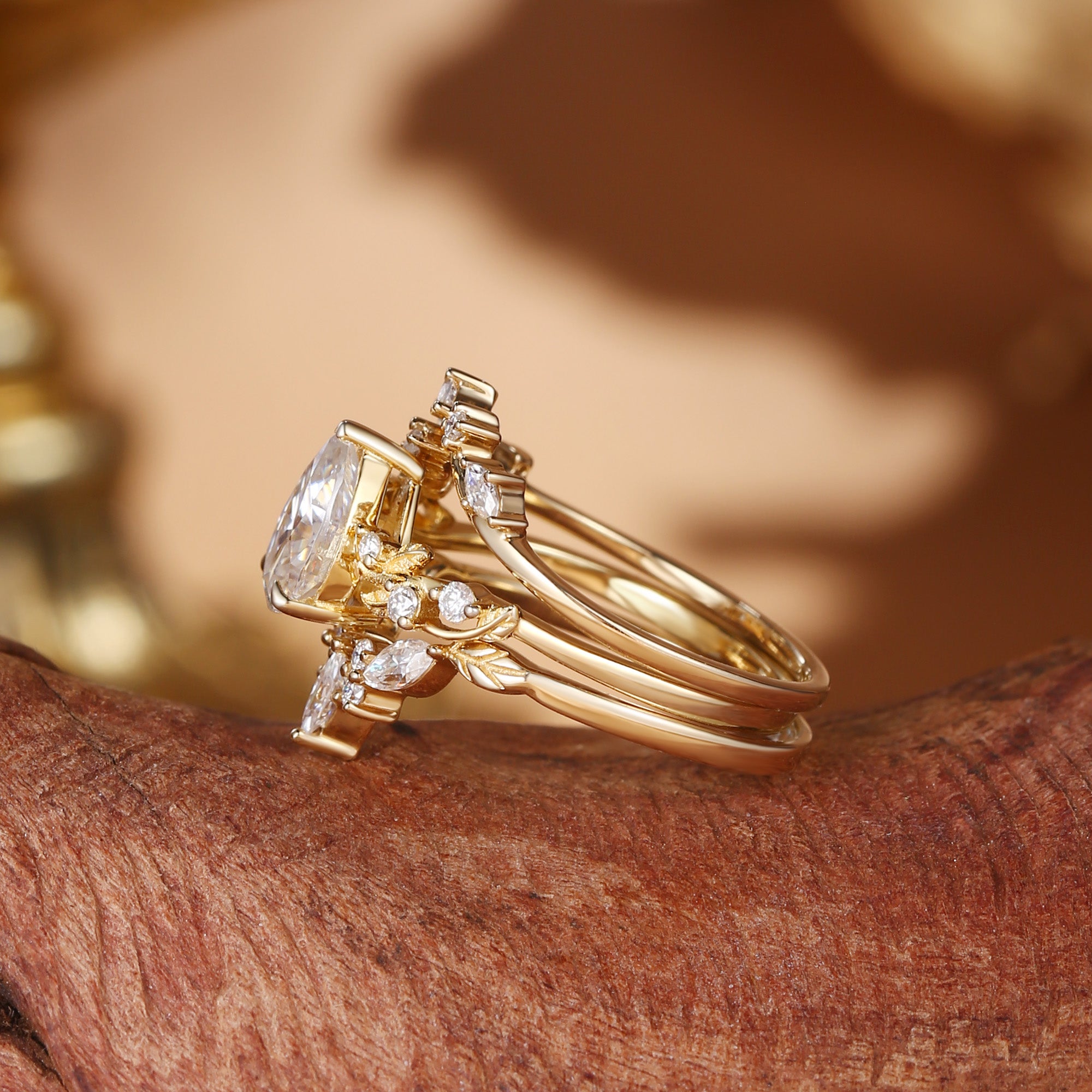 Clarissa - Pear Cut Moissanite Cluster Leafy Engagement Ring Set 3pcs