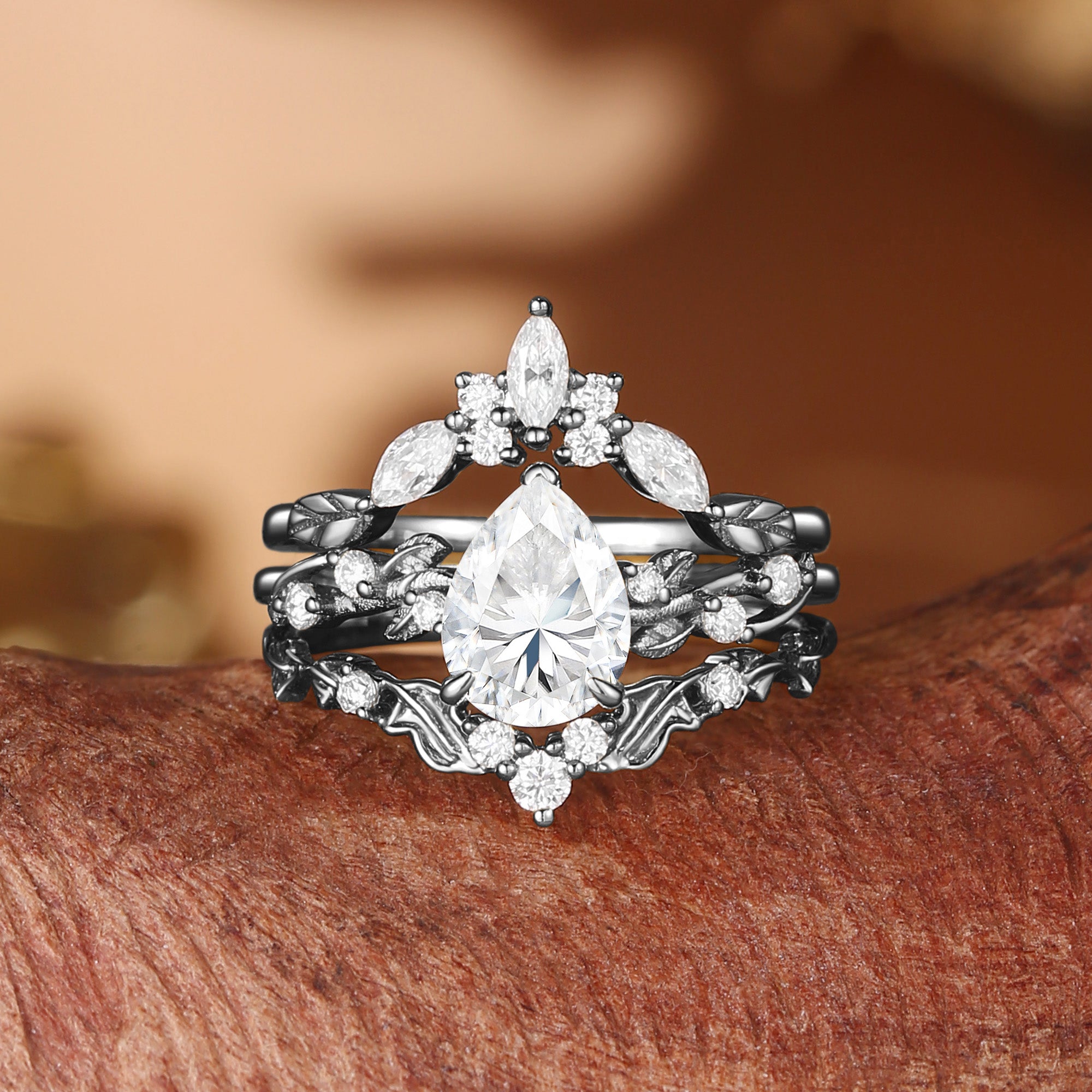 Clarissa - Moissanite Nature Inspired Leafy Engagement Ring Set 3pcs