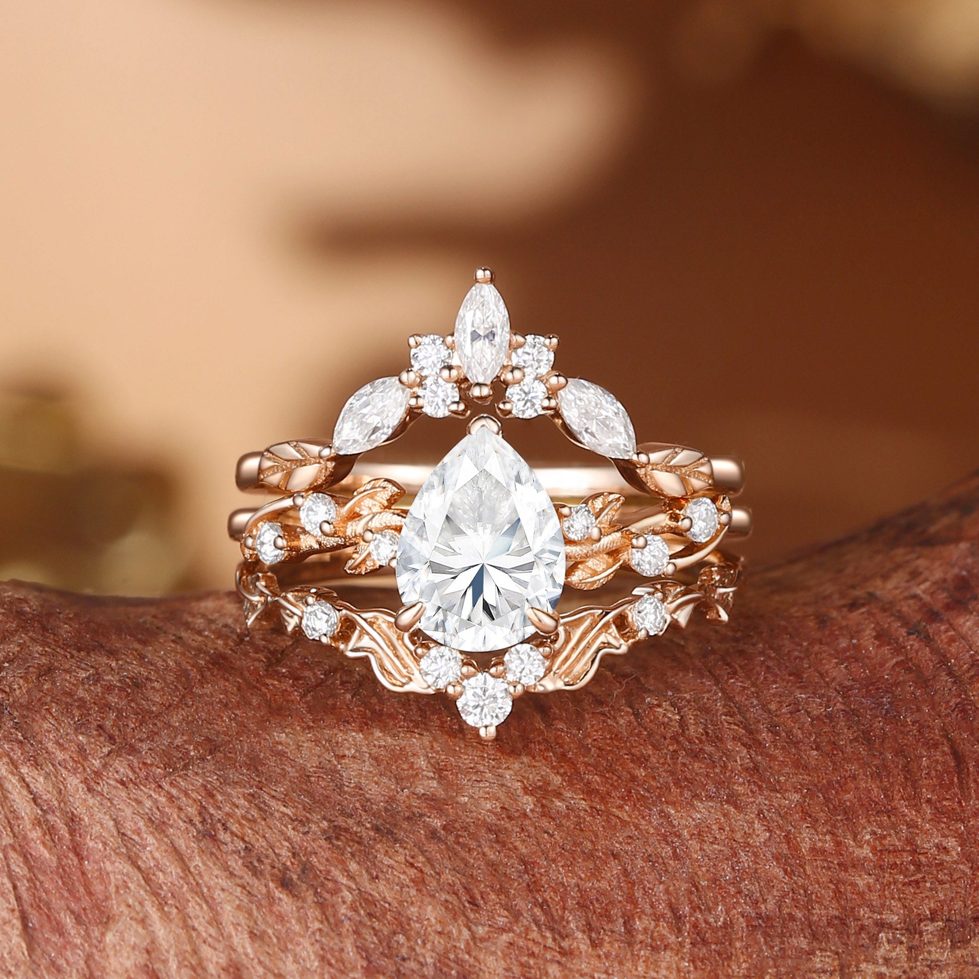 Clarissa - Moissanite Nature Inspired Leafy Engagement Ring Set 3pcs