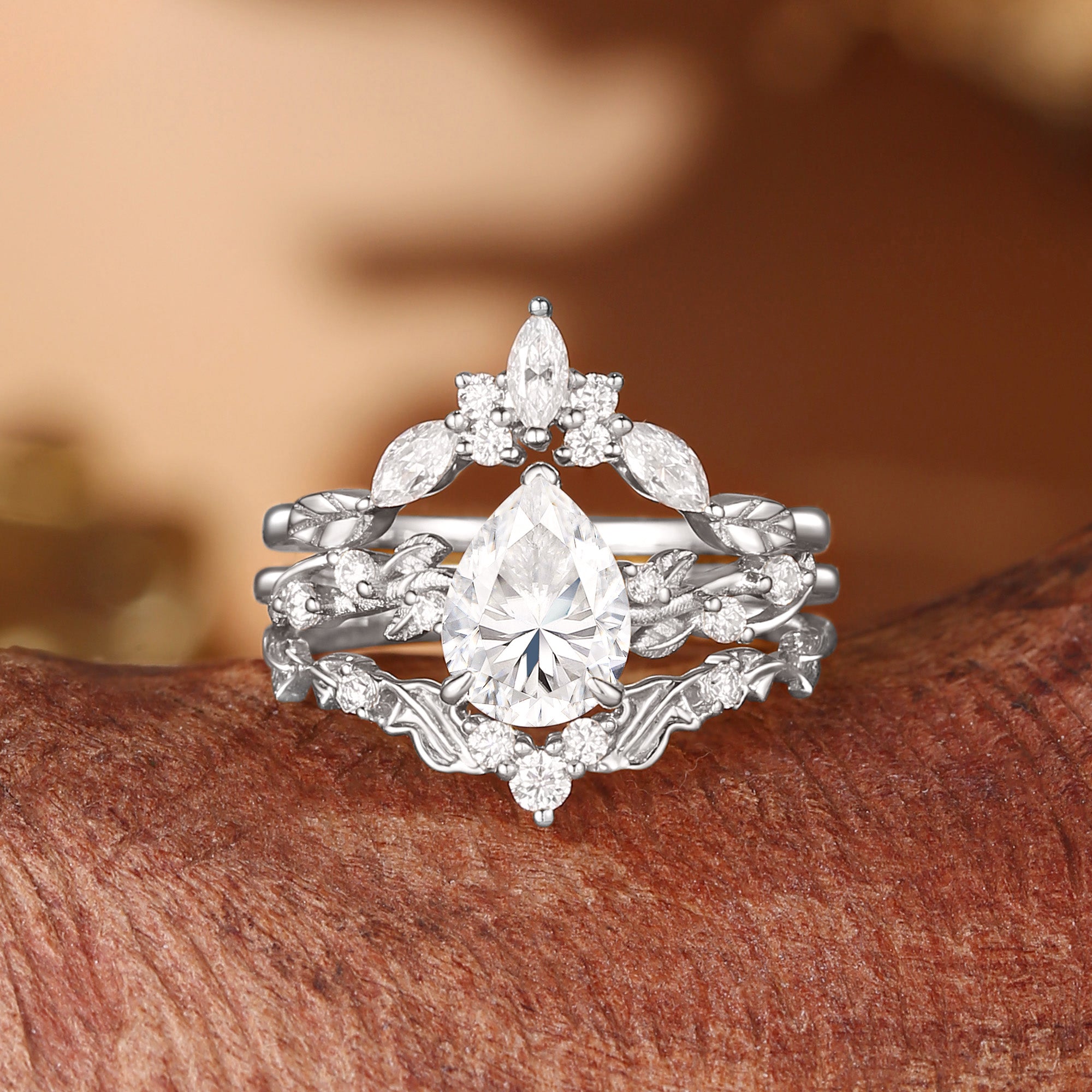 Clarissa - Moissanite Nature Inspired Leafy Engagement Ring Set 3pcs