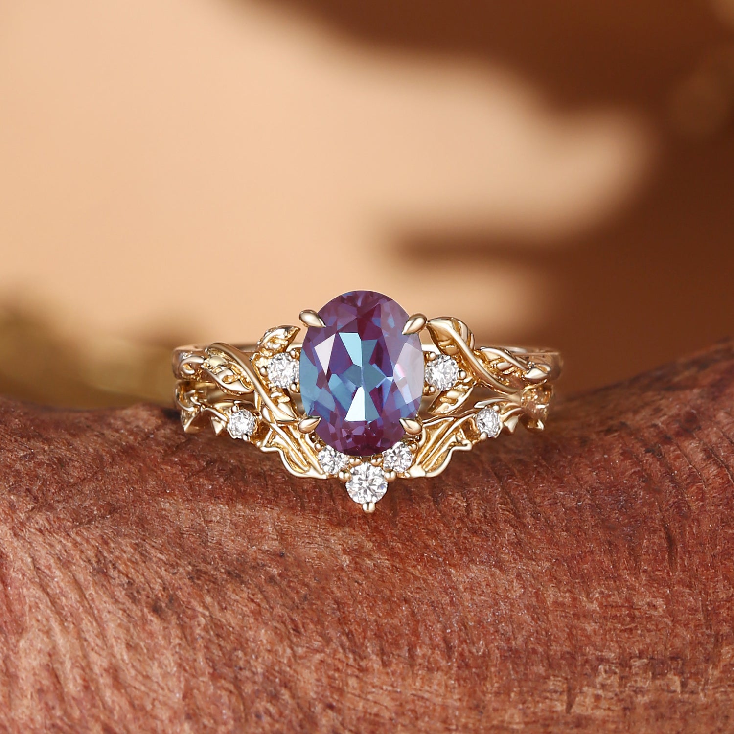 Eden - Oval Cut Lab Alexandrite Leaf Branch Engagement Ring Set 2pcs