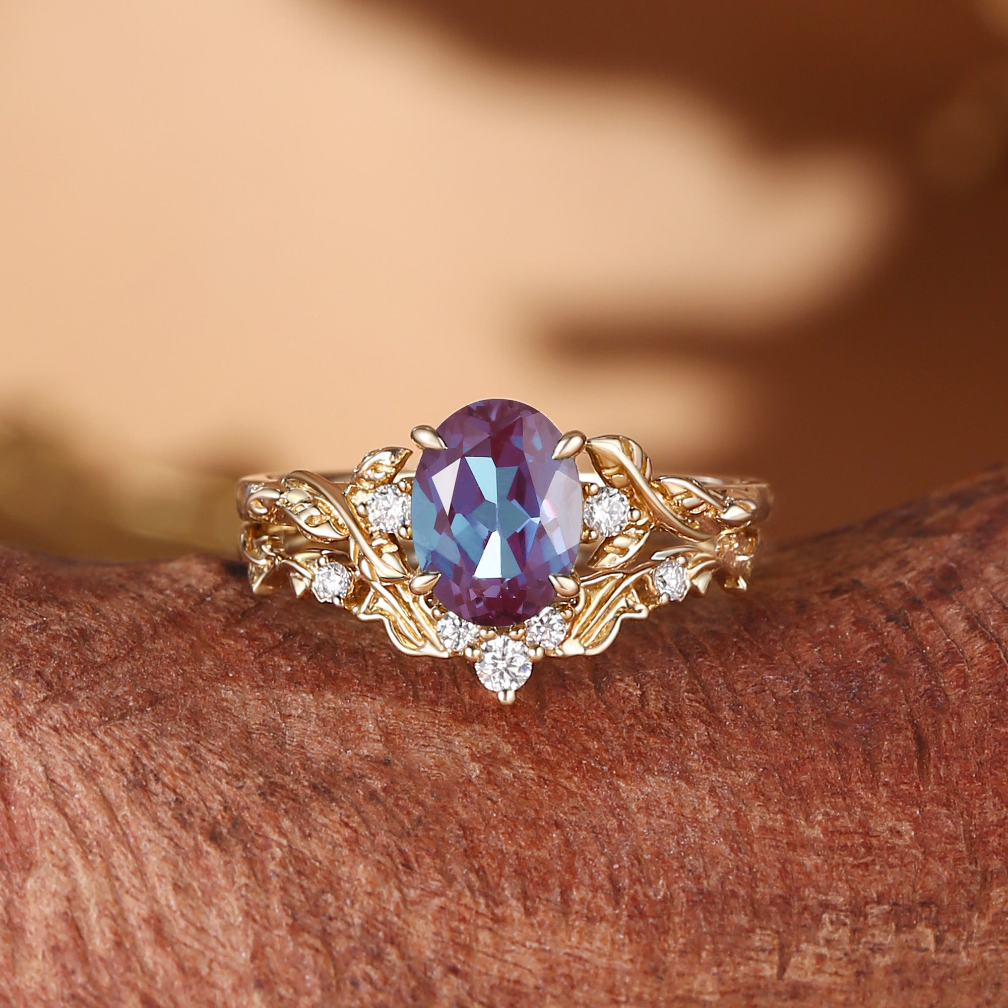 Eden - Oval Cut Lab Alexandrite Leaf Branch Engagement Ring Set 2pcs