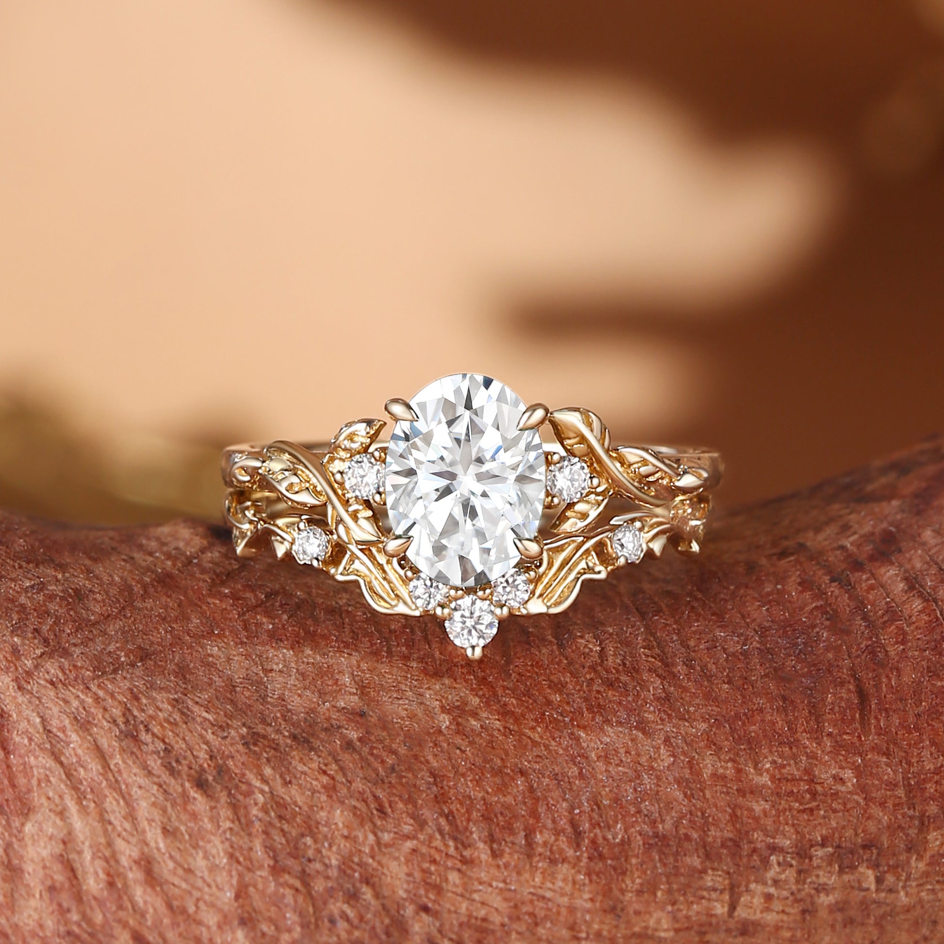 Eden - Oval Cut Moissanite Leaf Branch Engagement Ring Set 2pcs