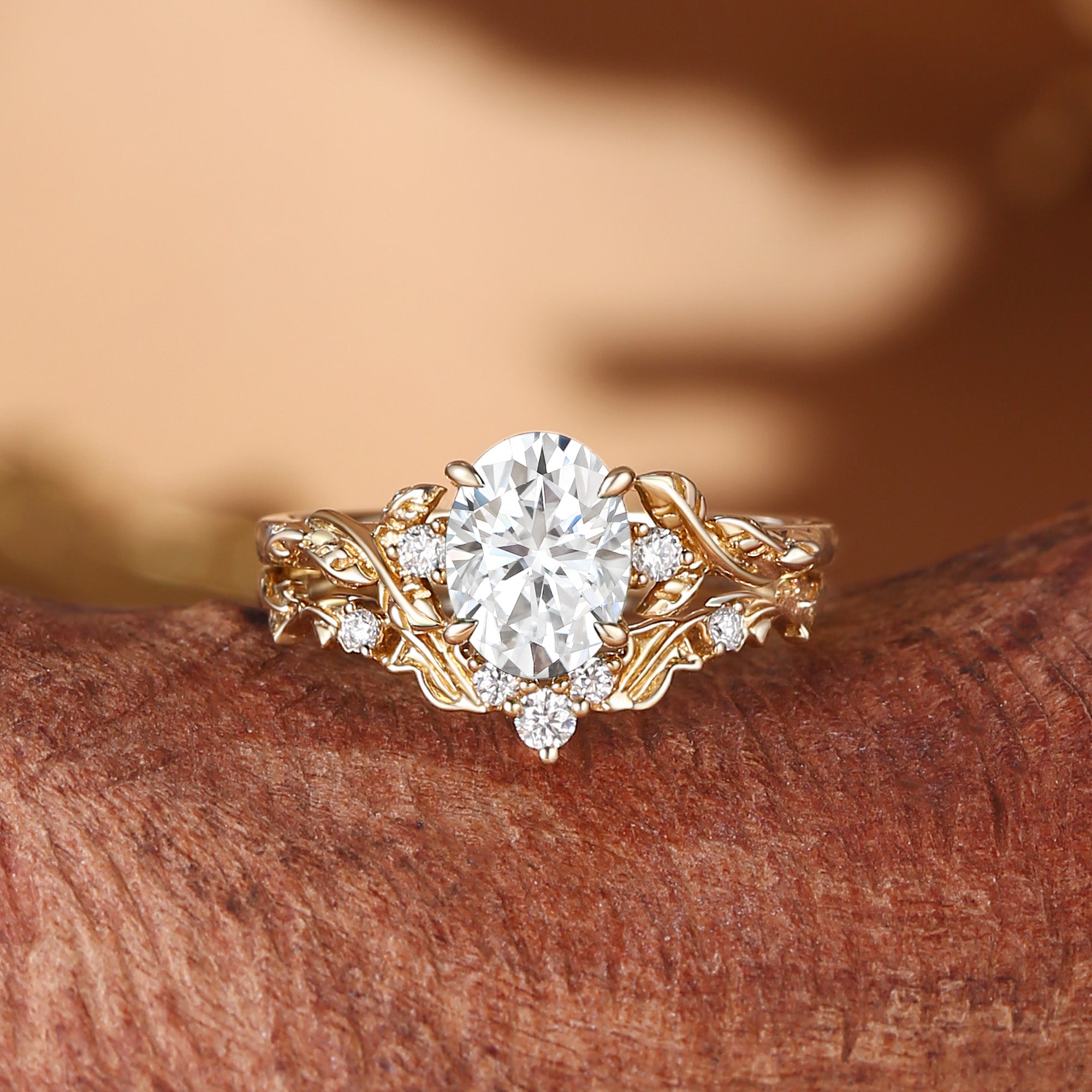 Eden - Oval Cut Moissanite Leaf Branch Engagement Ring Set 2pcs