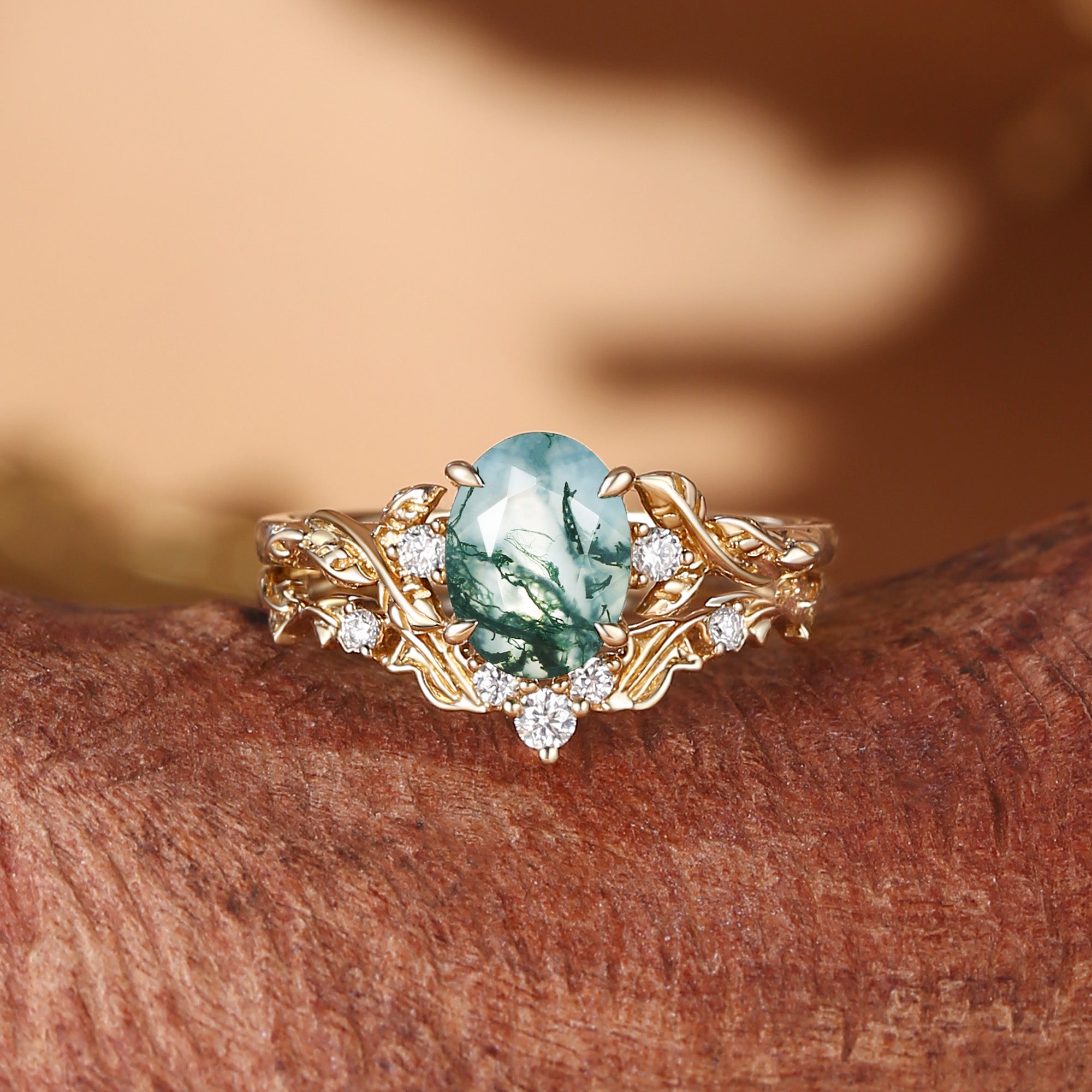 Eden - Oval Cut Moss Agate Leaf Branch Engagement Ring Set 2pcs