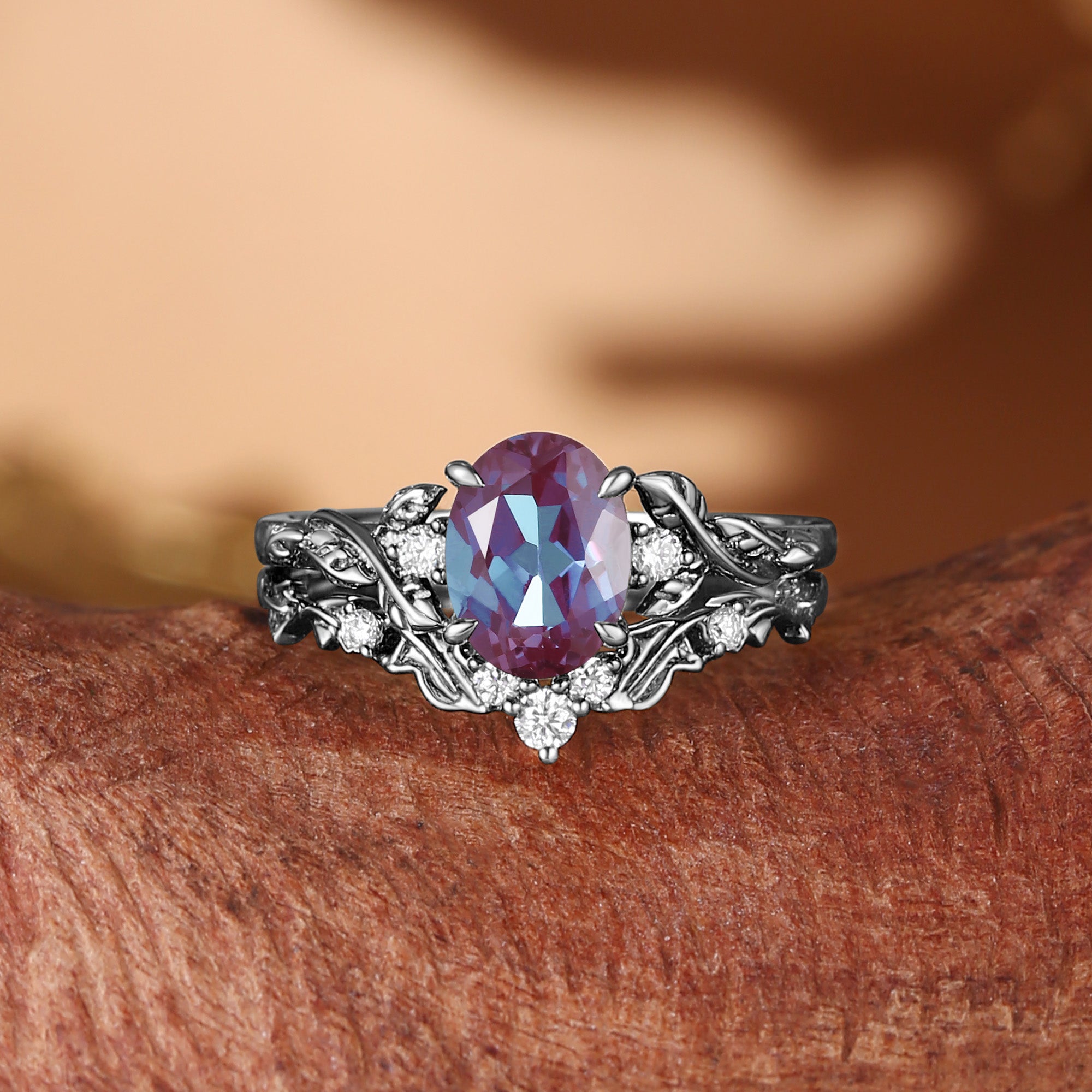 Eden - Oval Cut Lab Alexandrite Leaf Branch Engagement Ring Set 2pcs