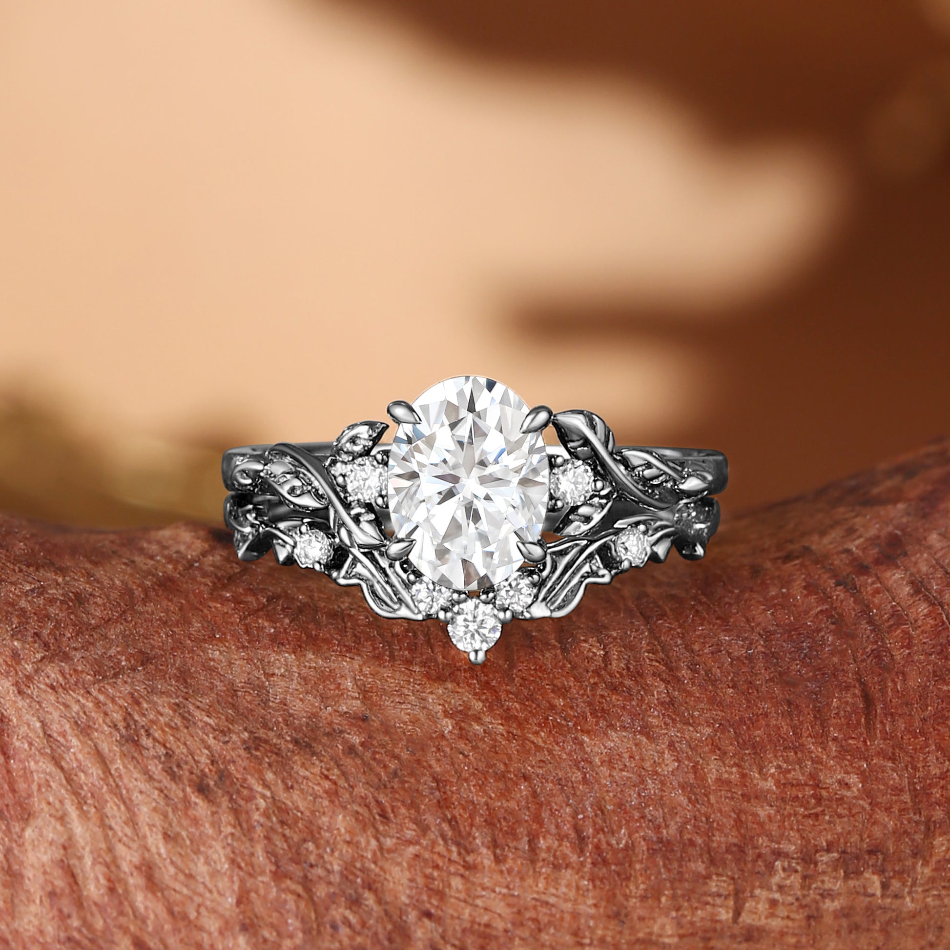 Eden - Oval Cut Moissanite Leaf Branch Engagement Ring Set 2pcs