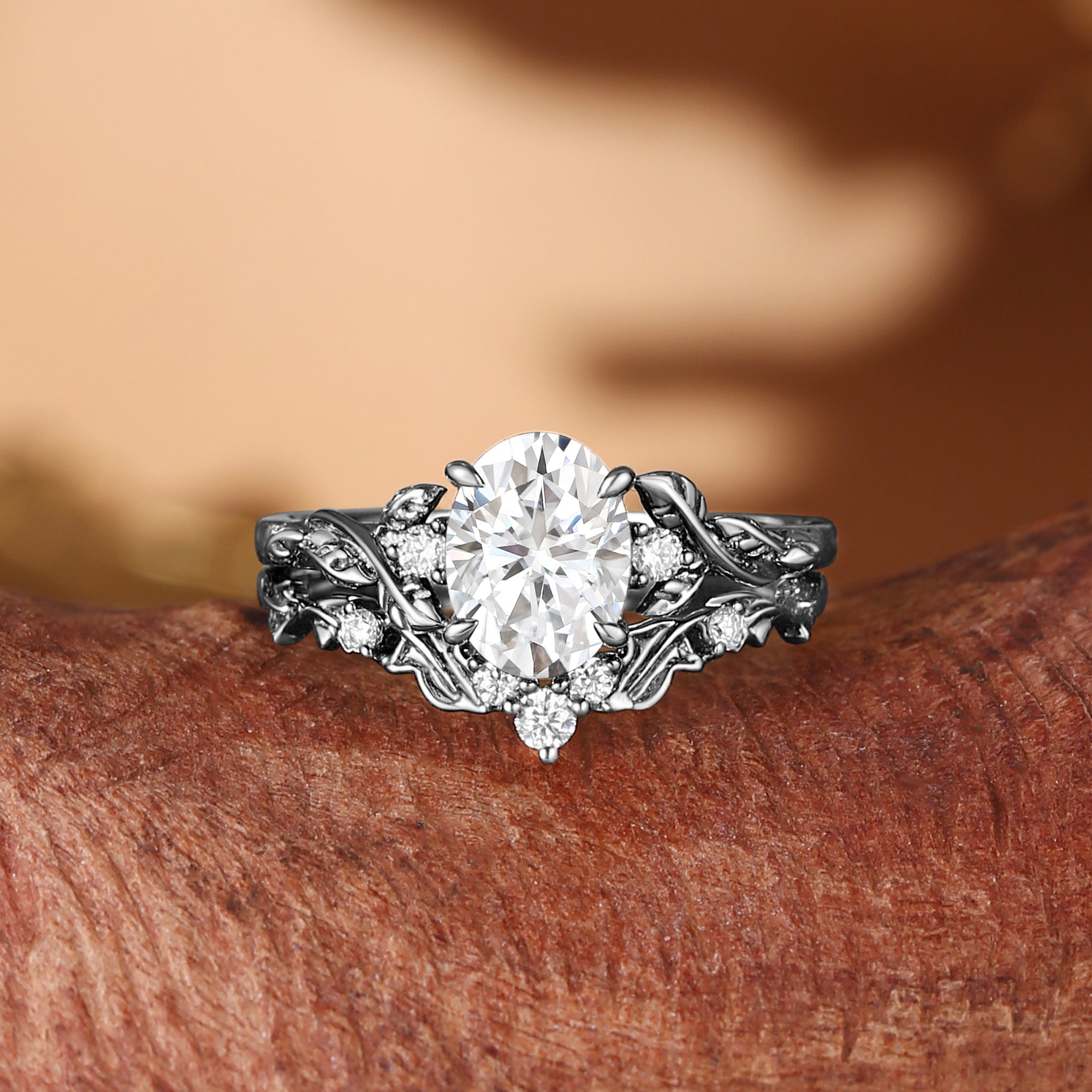 Eden - Oval Cut Moissanite Leaf Branch Engagement Ring Set 2pcs