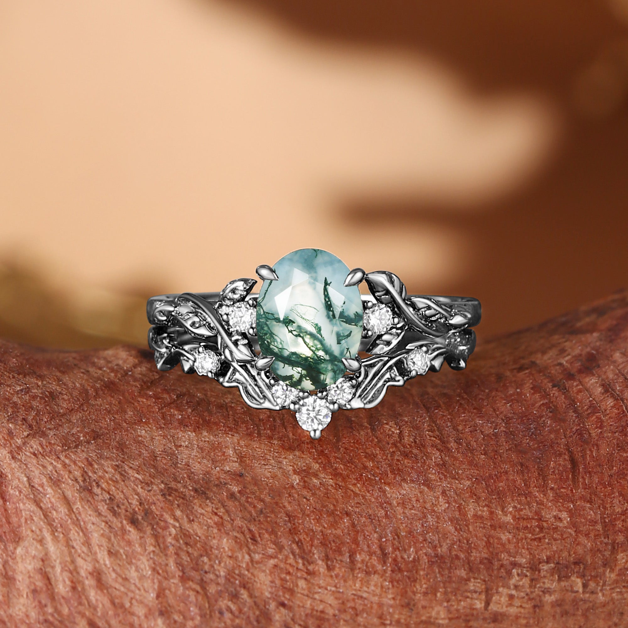 Eden - Oval Cut Moss Agate Leaf Branch Engagement Ring Set 2pcs