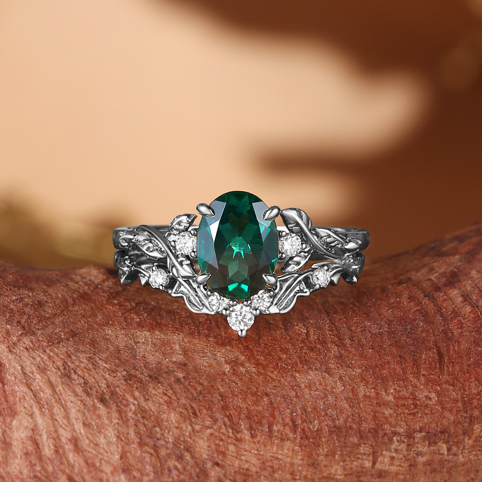 Eden - Oval Cut Lab Emerald Leaf Branch Engagement Ring Set 2pcs