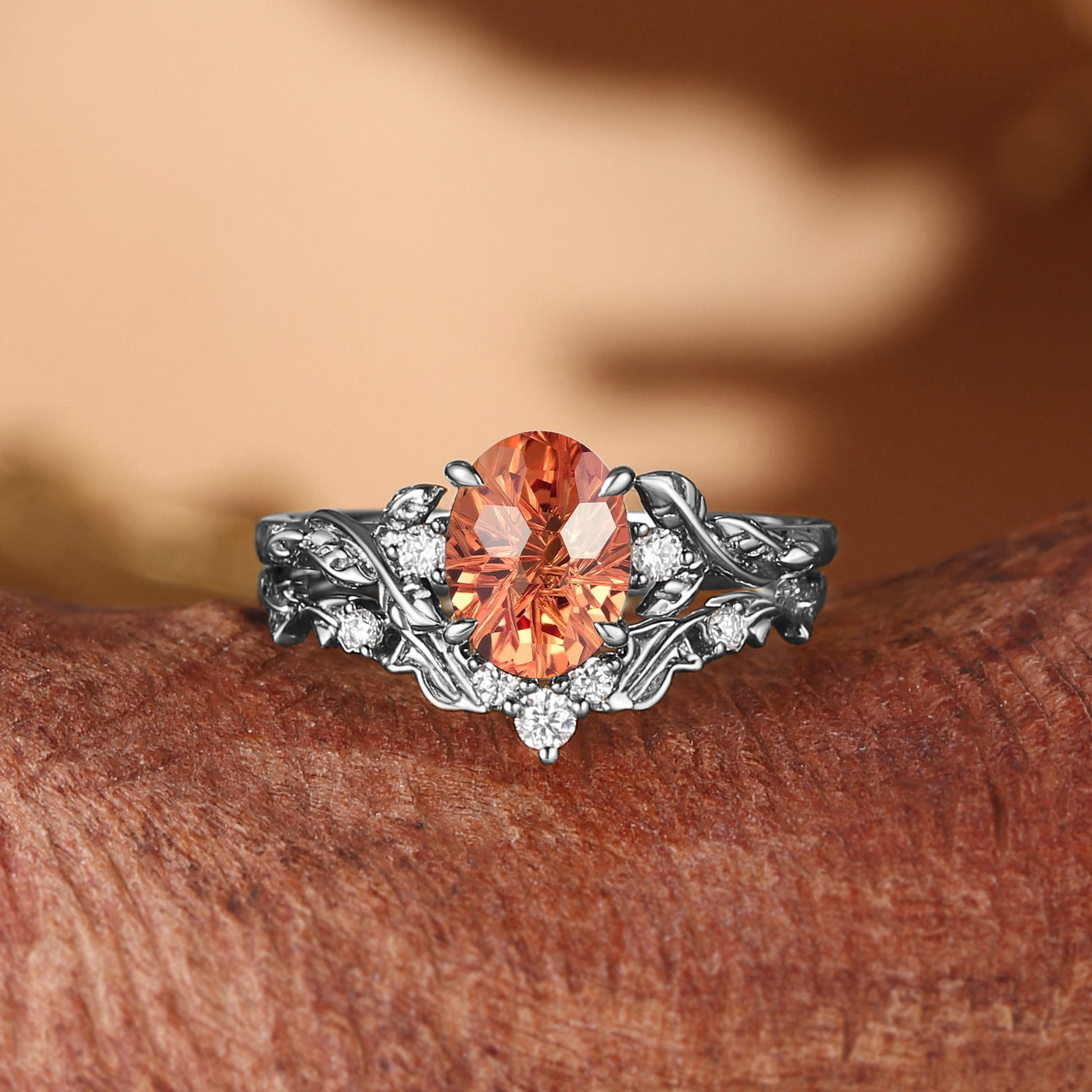 Oval Firework Cut Orange Sapphire Leaf Branch Engagement Ring Set 2pcs