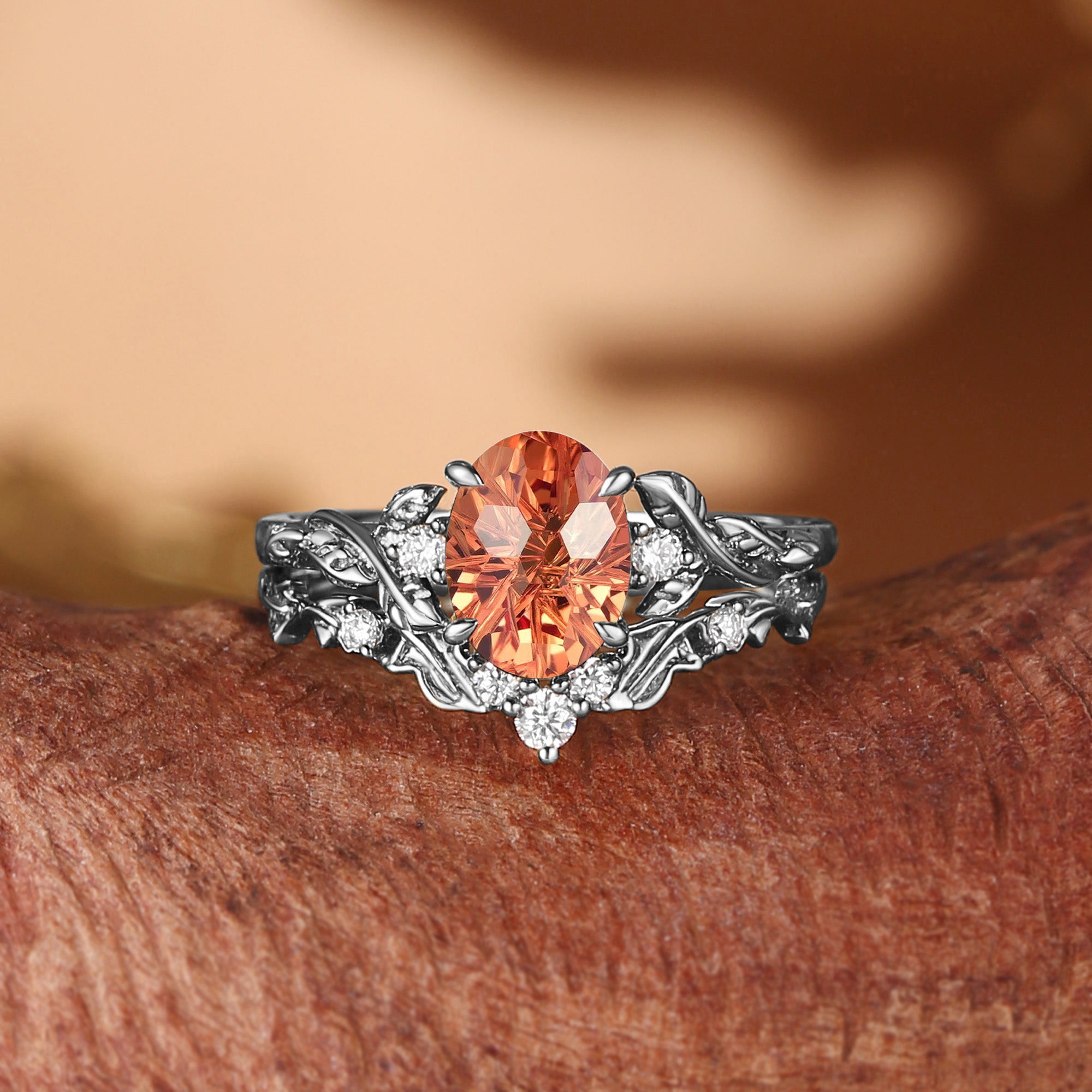 Oval Firework Cut Orange Sapphire Leaf Branch Engagement Ring Set 2pcs