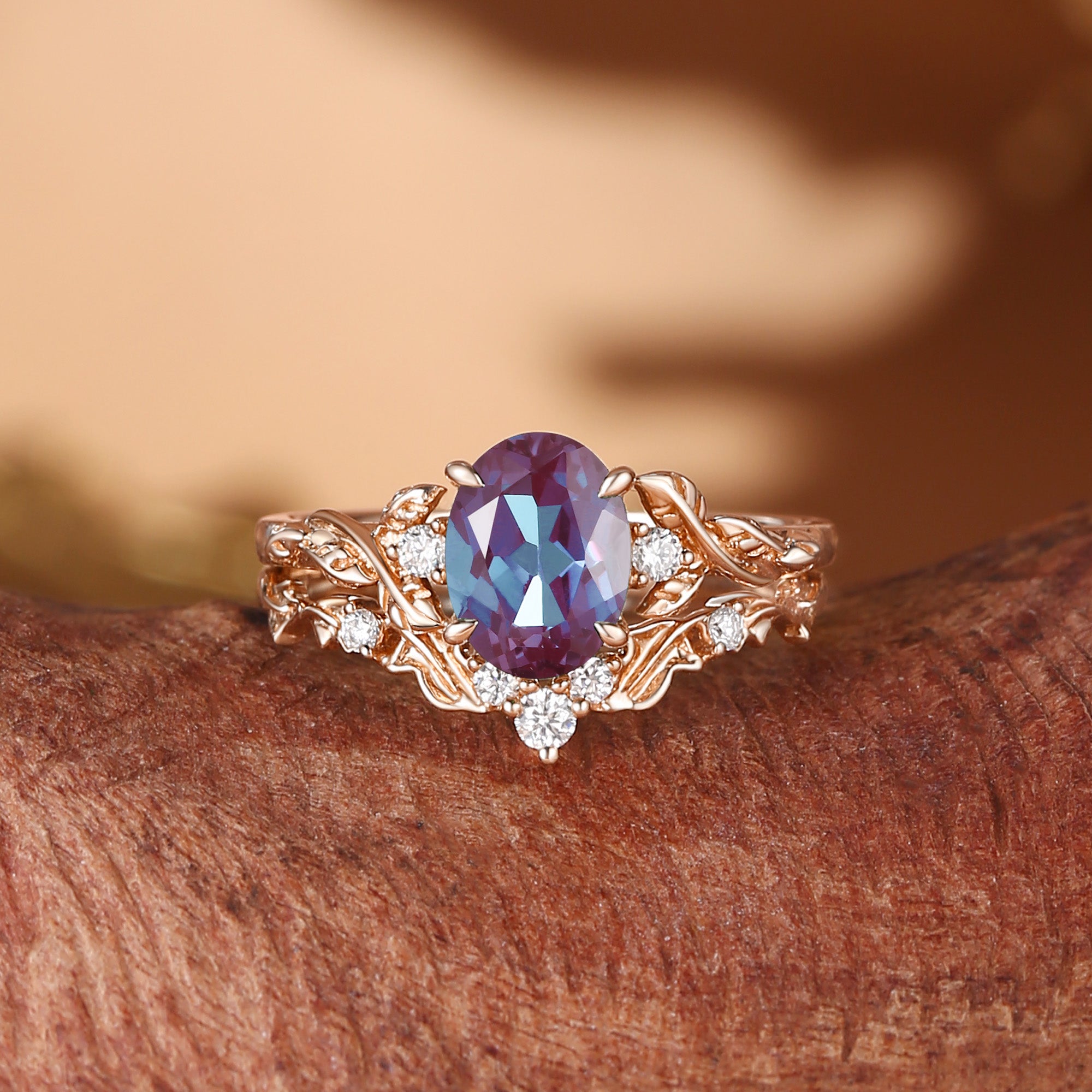 Eden - Oval Cut Lab Alexandrite Leaf Branch Engagement Ring Set 2pcs