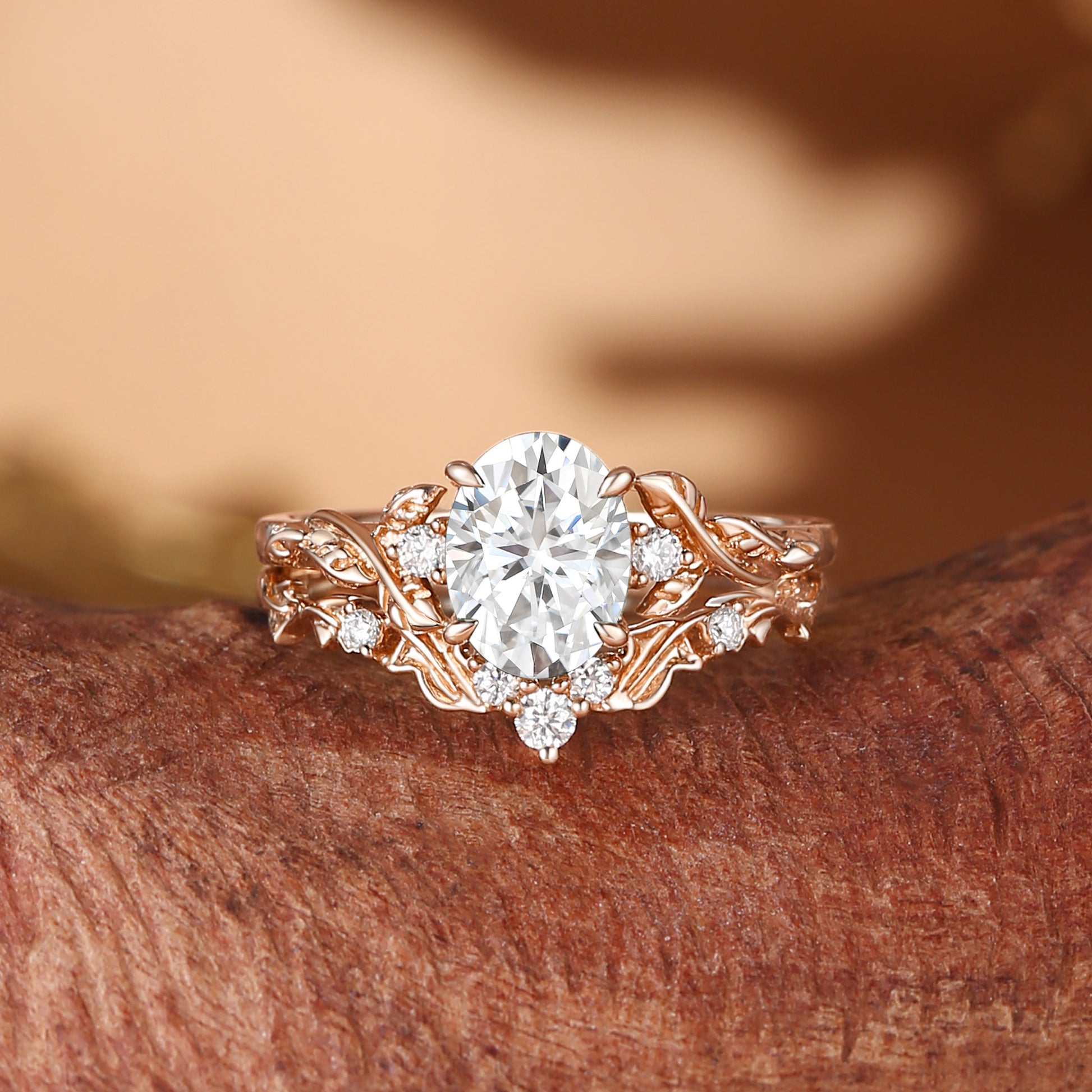 Eden - Oval Cut Moissanite Leaf Branch Engagement Ring Set 2pcs