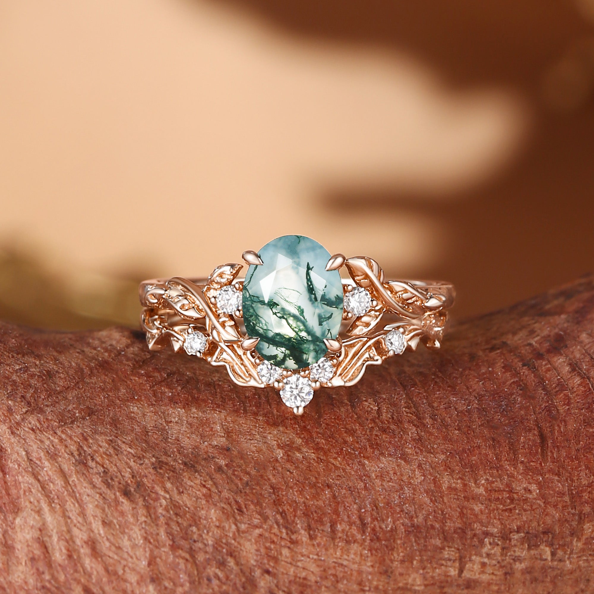 Eden - Oval Cut Moss Agate Leaf Branch Engagement Ring Set 2pcs