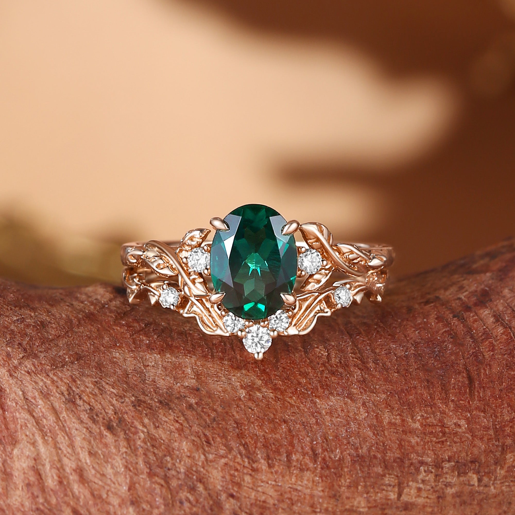 Eden - Oval Cut Lab Emerald Leaf Branch Engagement Ring Set 2pcs