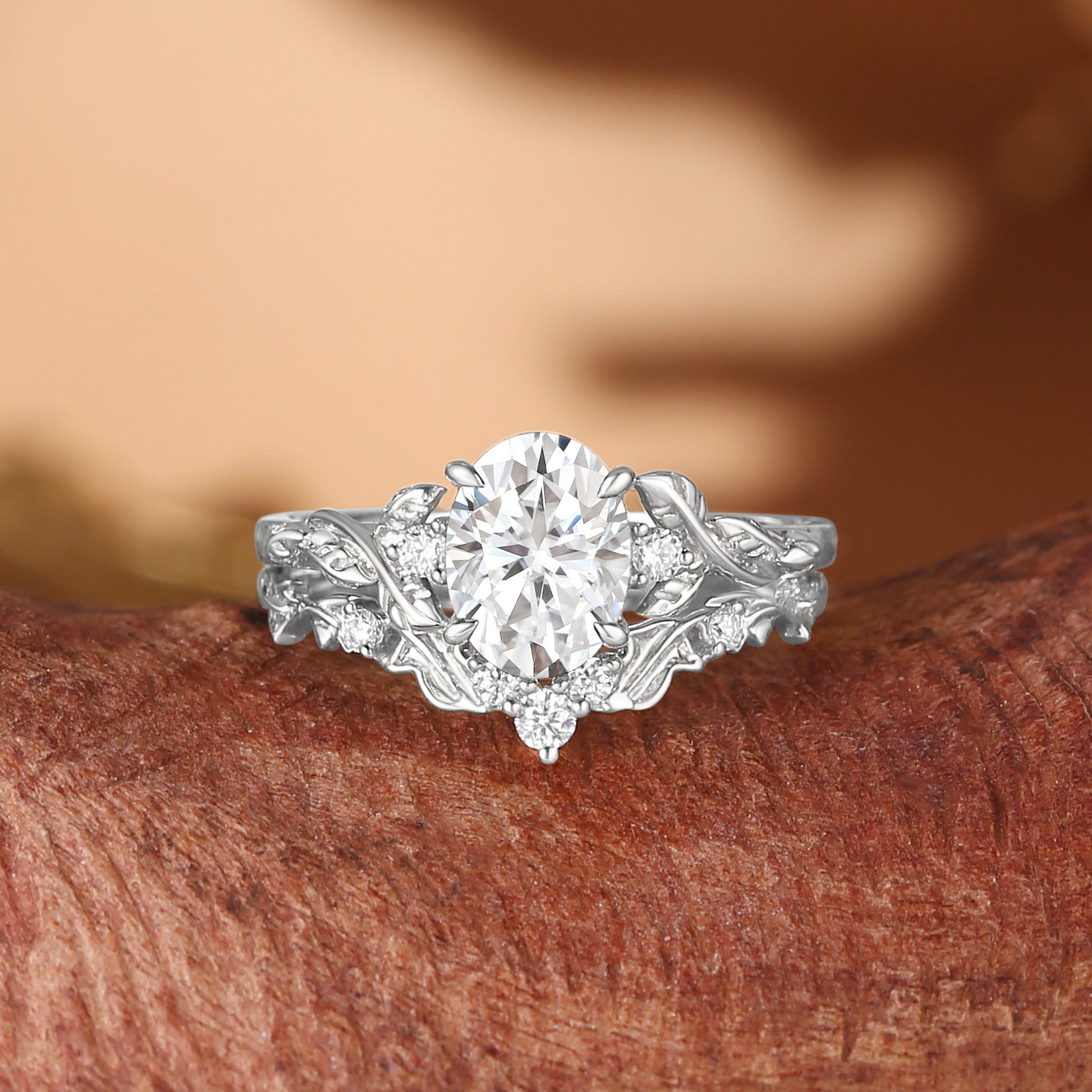 Eden - Oval Cut Moissanite Leaf Branch Engagement Ring Set 2pcs