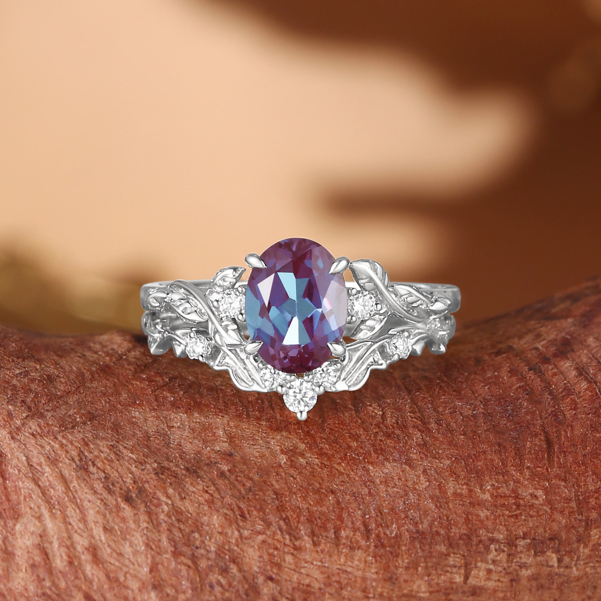Eden - Oval Cut Lab Alexandrite Leaf Branch Engagement Ring Set 2pcs