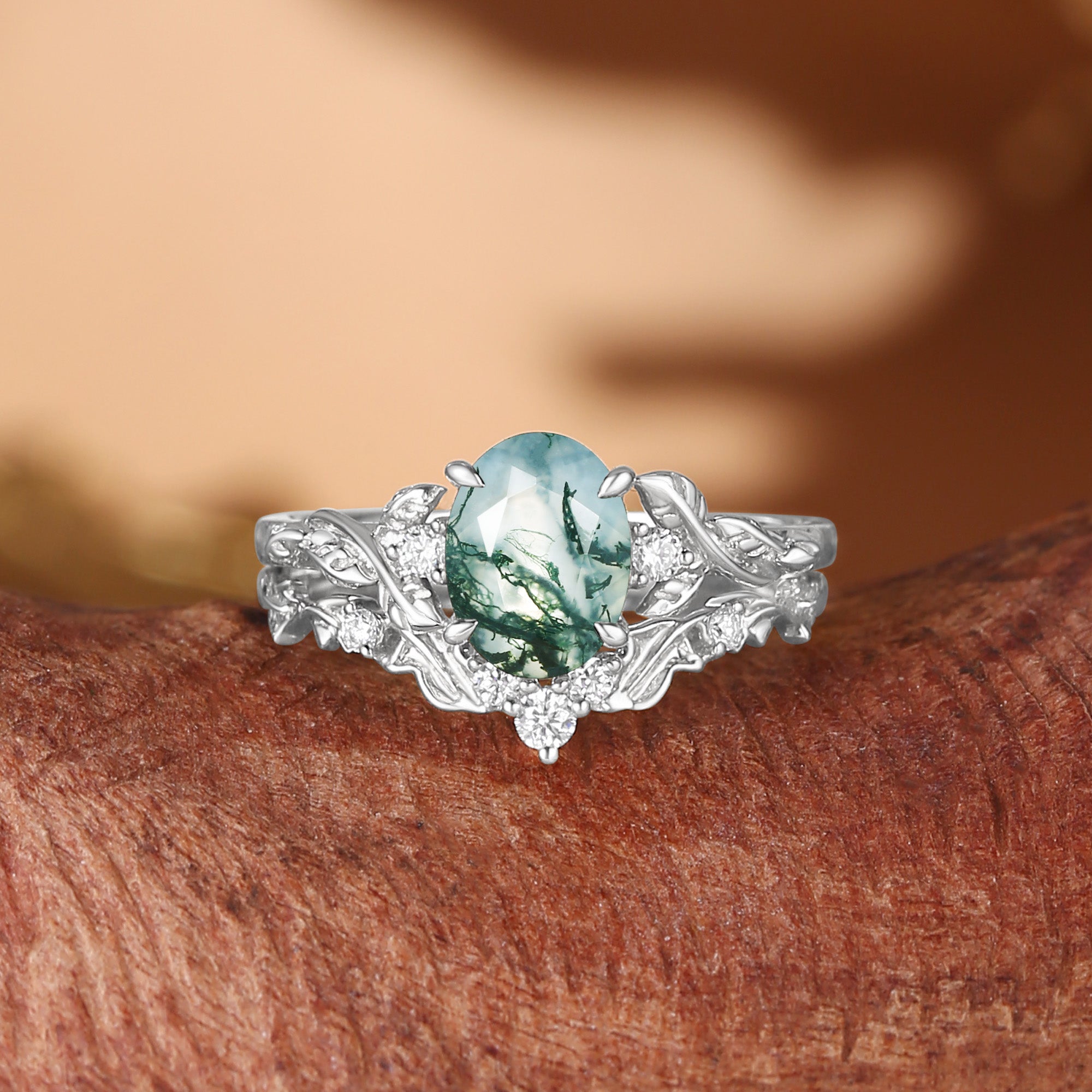 Eden - Oval Cut Moss Agate Leaf Branch Engagement Ring Set 2pcs