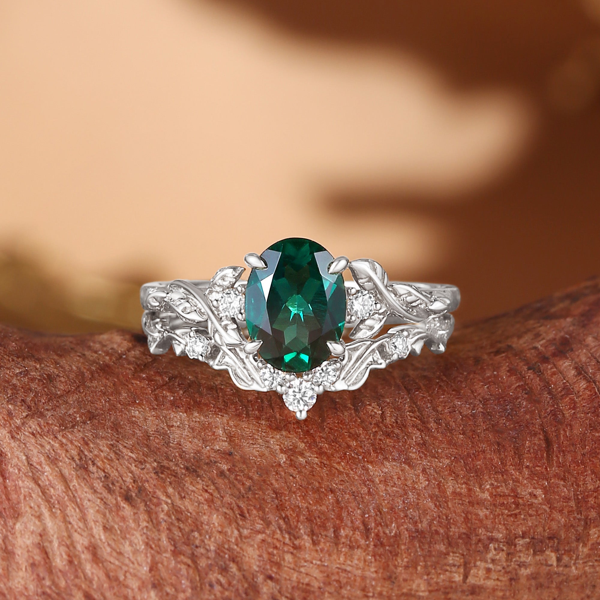 Eden - Oval Cut Lab Emerald Leaf Branch Engagement Ring Set 2pcs