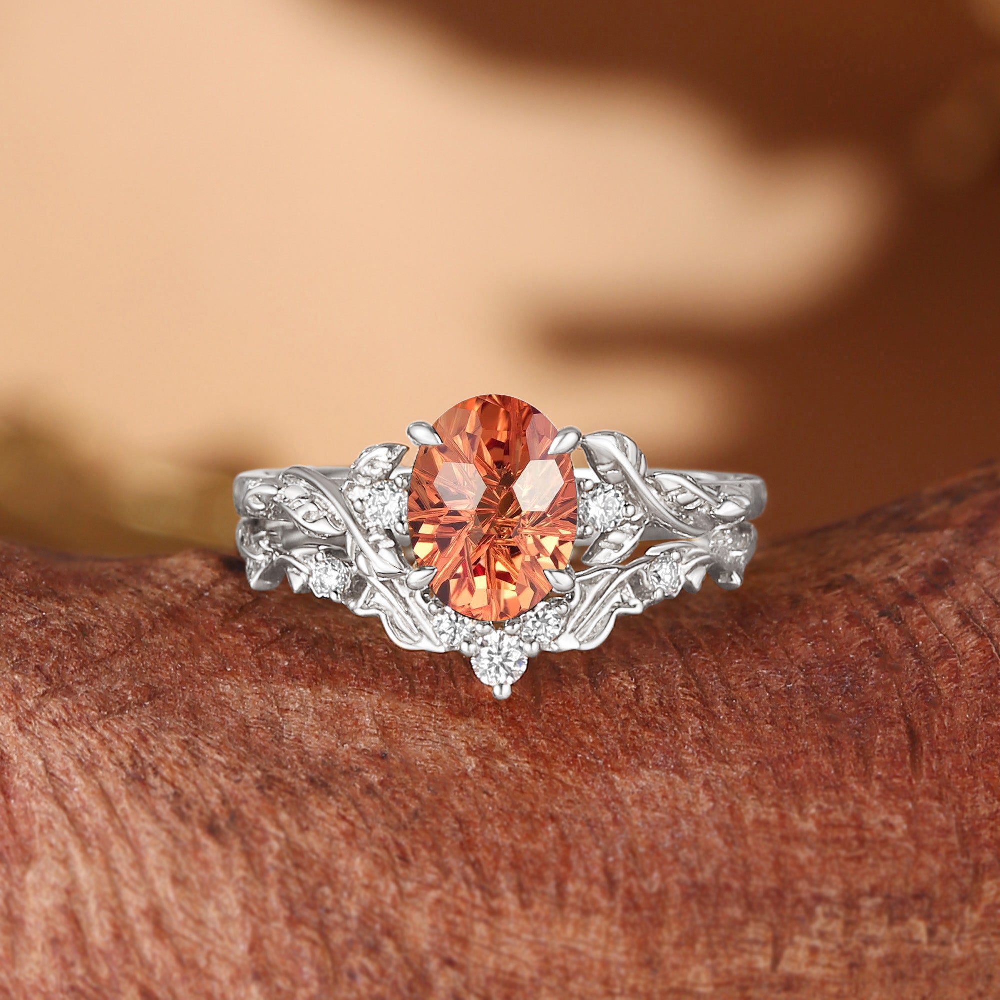 Oval Firework Cut Orange Sapphire Leaf Branch Engagement Ring Set 2pcs